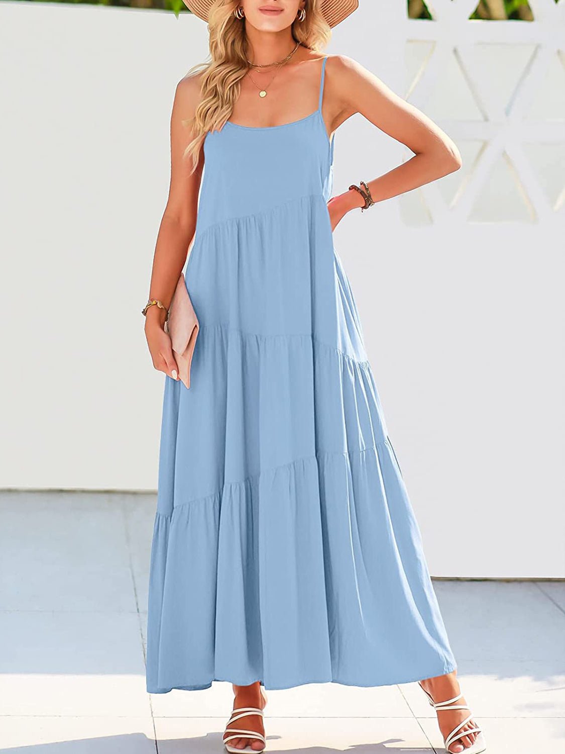 Ruched Tiered Spaghetti Strap Dress - Bella Blue Styles