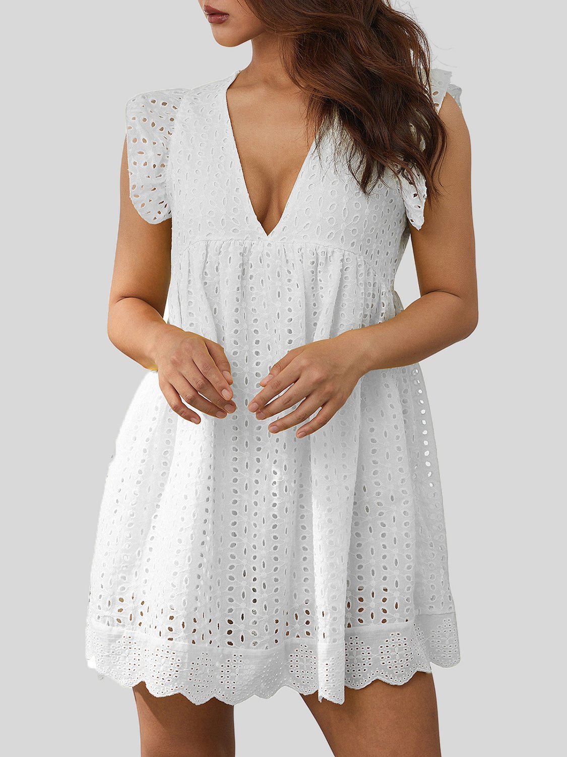 Ruffled Eyelet Cap Sleeve Mini Dress - Bella Blue Styles