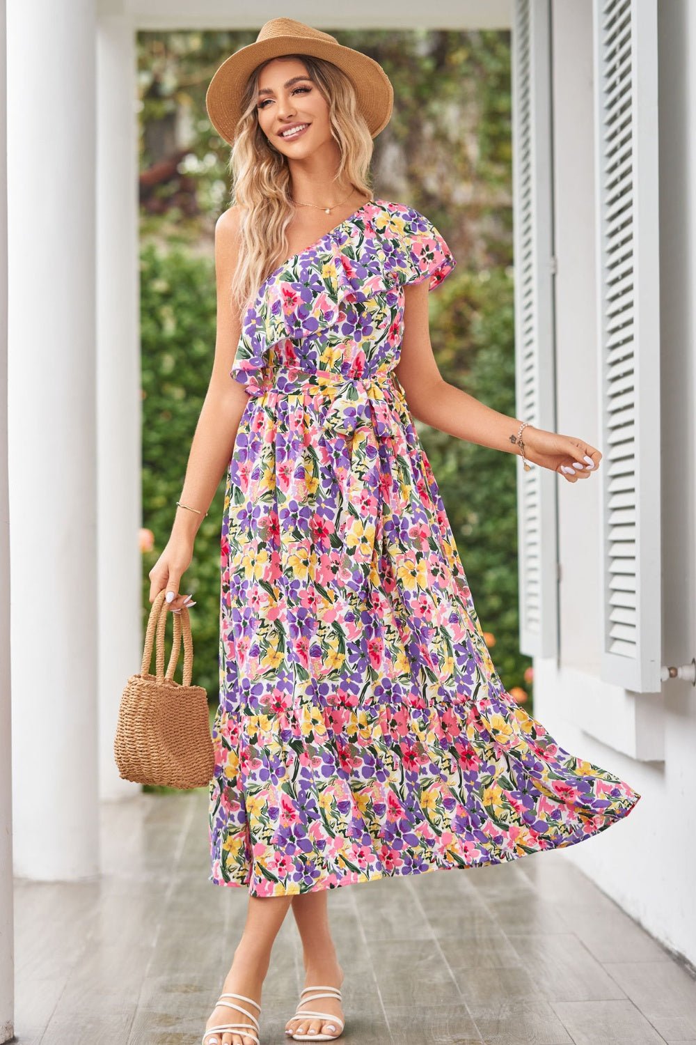 Ruffled Floral One Shoulder Dress - Bella Blue Styles