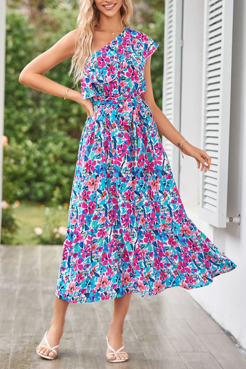 Ruffled Floral One Shoulder Dress - Bella Blue Styles