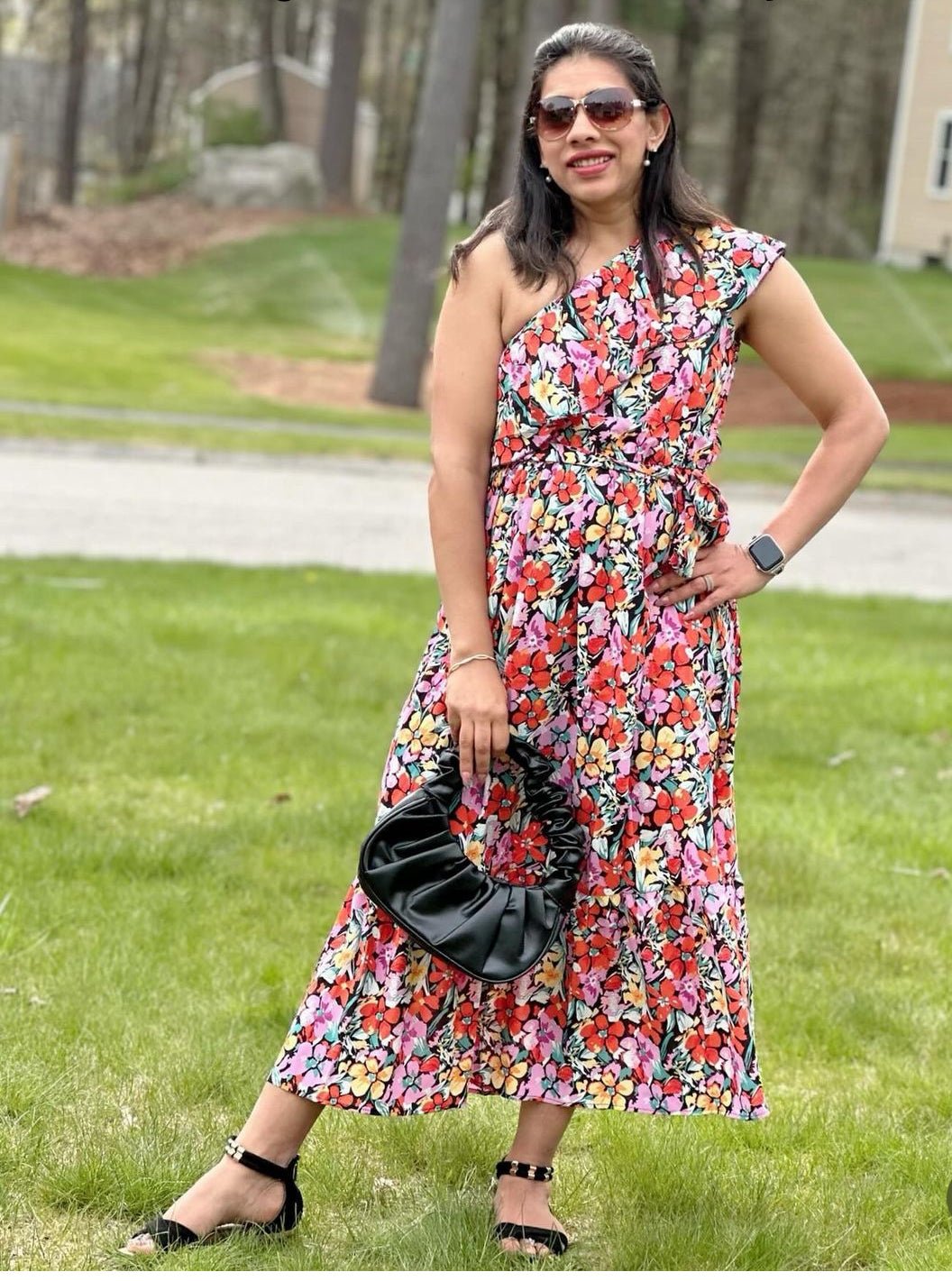 Ruffled Floral One Shoulder Dress - Bella Blue Styles