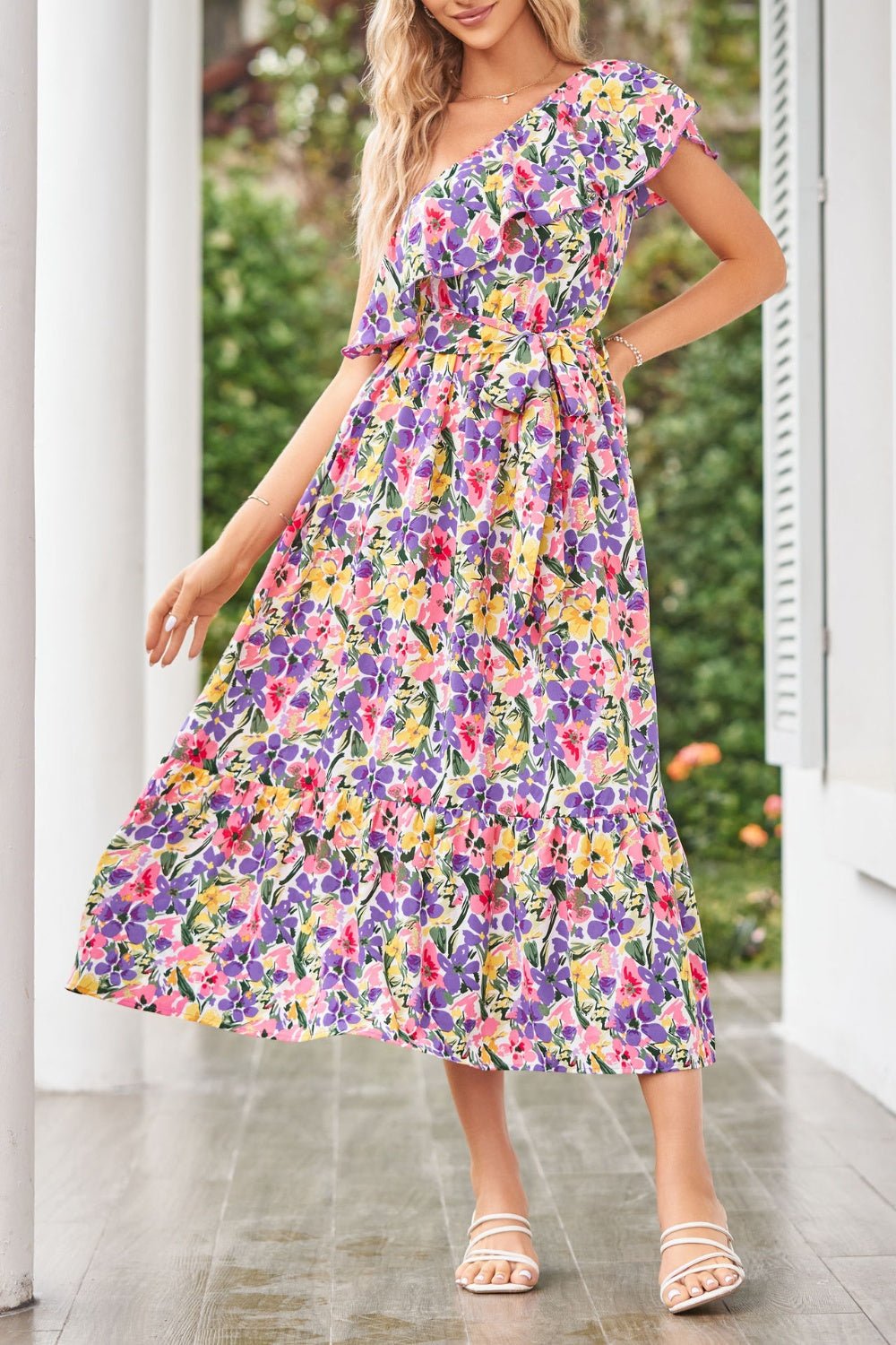 Ruffled Floral One Shoulder Dress - Bella Blue Styles