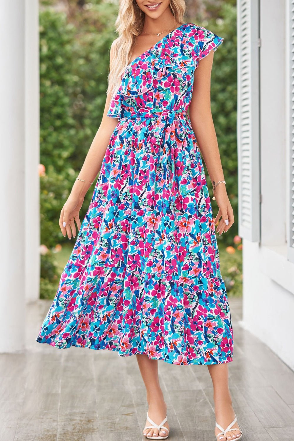 Ruffled Floral One Shoulder Dress - Bella Blue Styles