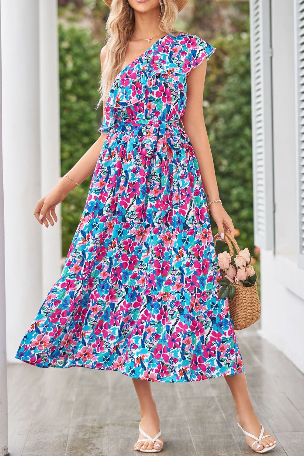 Ruffled Floral One Shoulder Dress - Bella Blue Styles