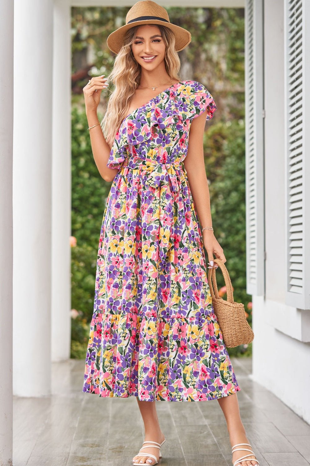 Ruffled Floral One Shoulder Dress - Bella Blue Styles