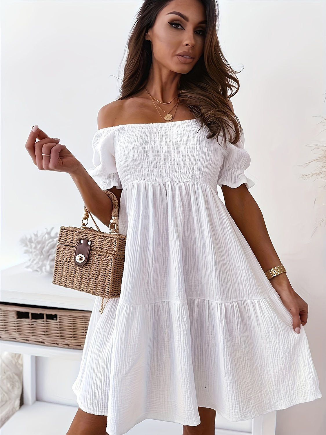 Ruffled Off-Shoulder Short Sleeve Dress - Bella Blue Styles