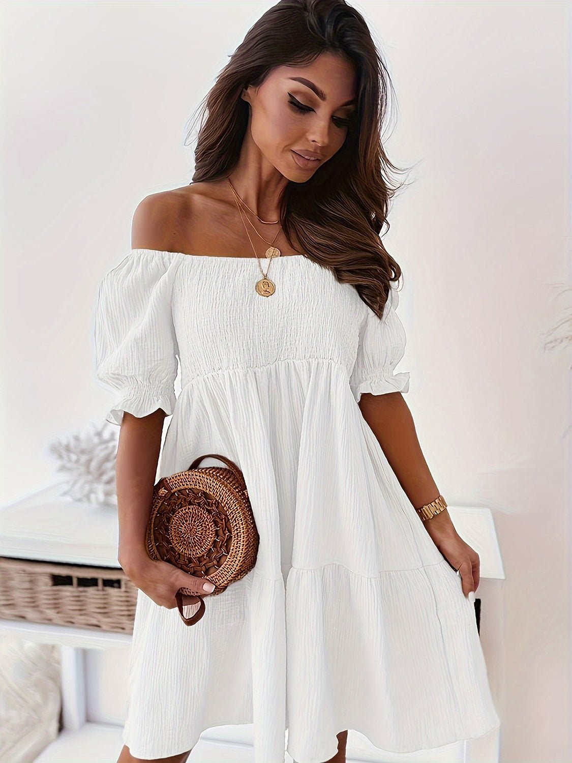 Ruffled Off-Shoulder Short Sleeve Dress - Bella Blue Styles