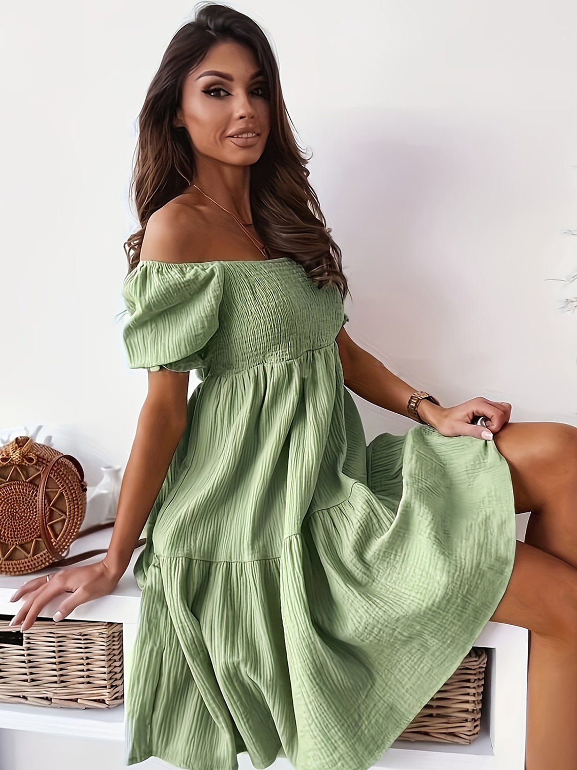 Ruffled Off-Shoulder Short Sleeve Dress - Bella Blue Styles