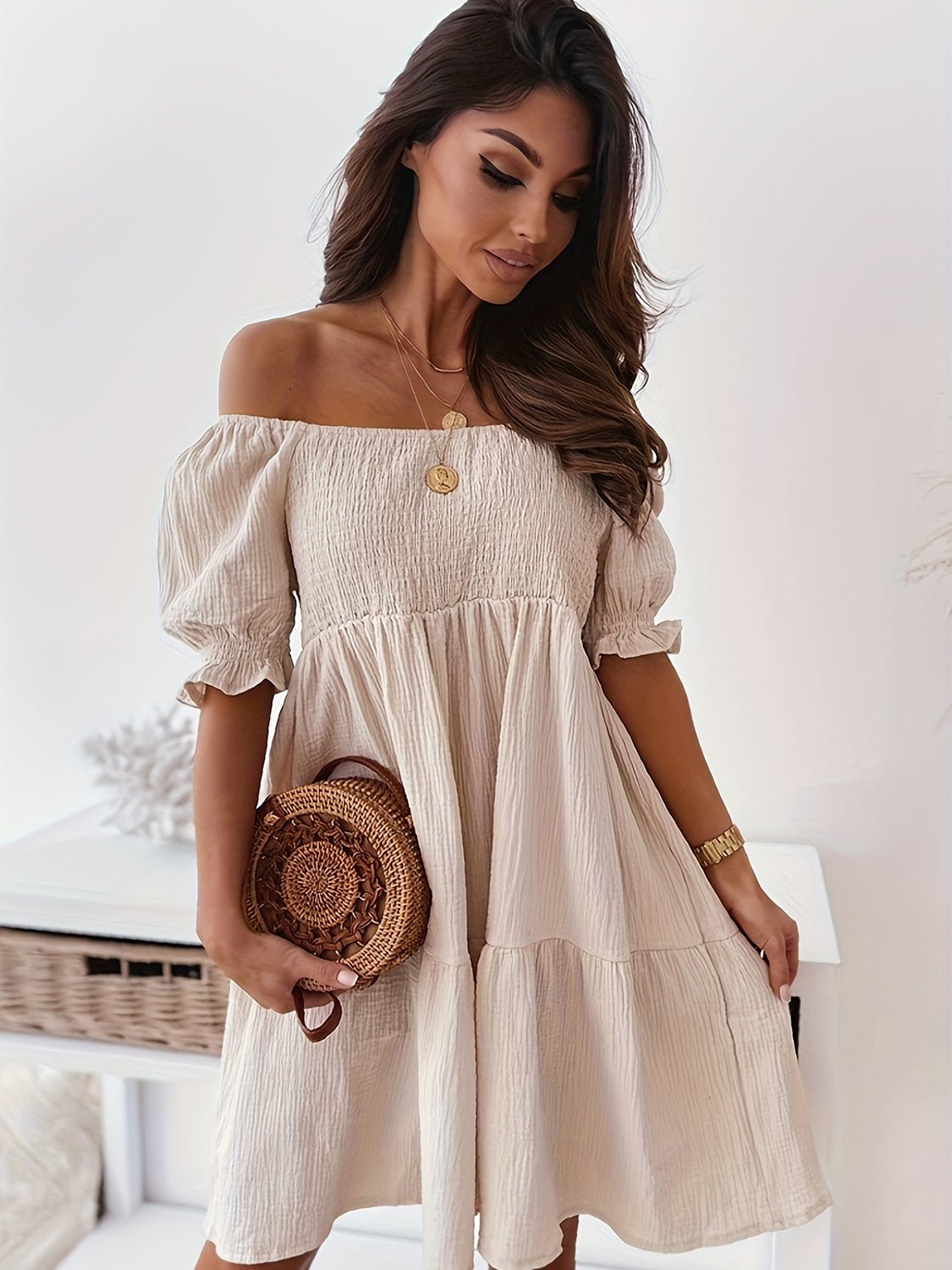 Ruffled Off-Shoulder Short Sleeve Dress - Bella Blue Styles