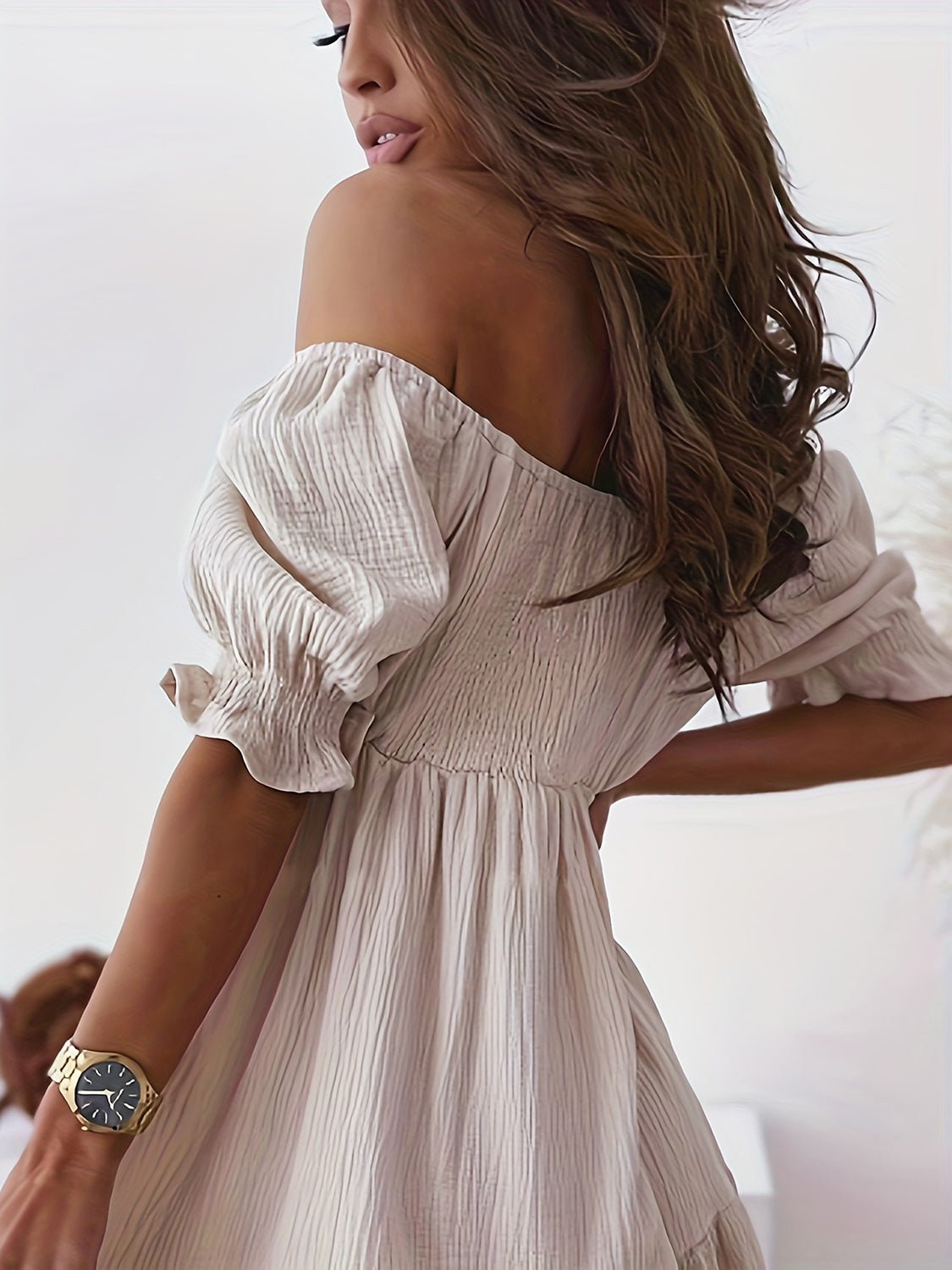 Ruffled Off-Shoulder Short Sleeve Dress - Bella Blue Styles