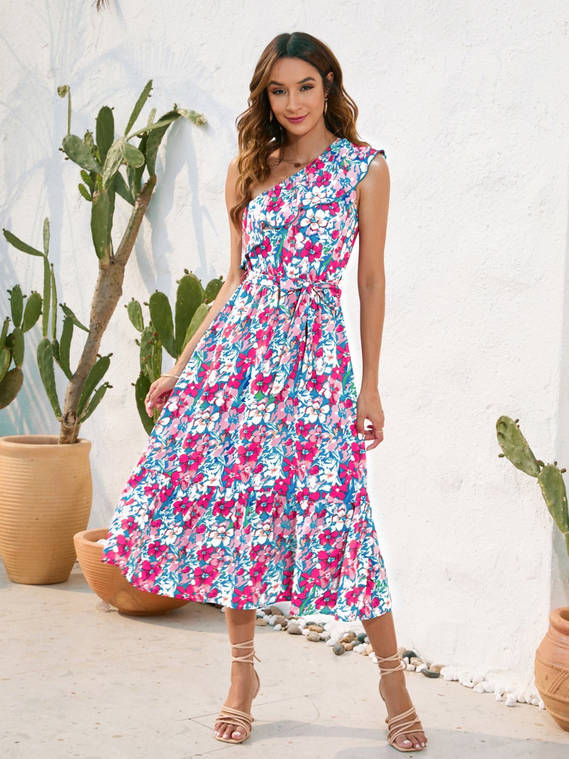 Ruffled Printed One Shoulder Midi Dress - Bella Blue Styles