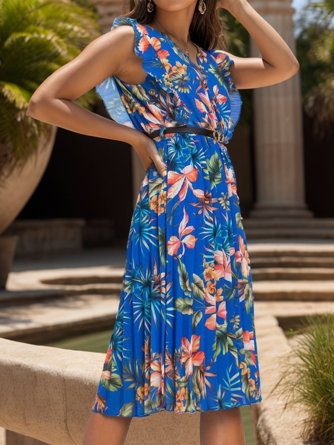 Ruffled Printed Surplice Cap Sleeve Dress - Bella Blue Styles