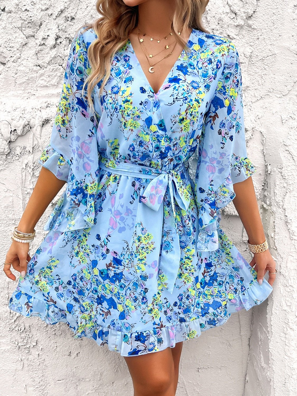 Ruffled Printed Surplice Half Sleeve Mini Dress - Bella Blue Styles