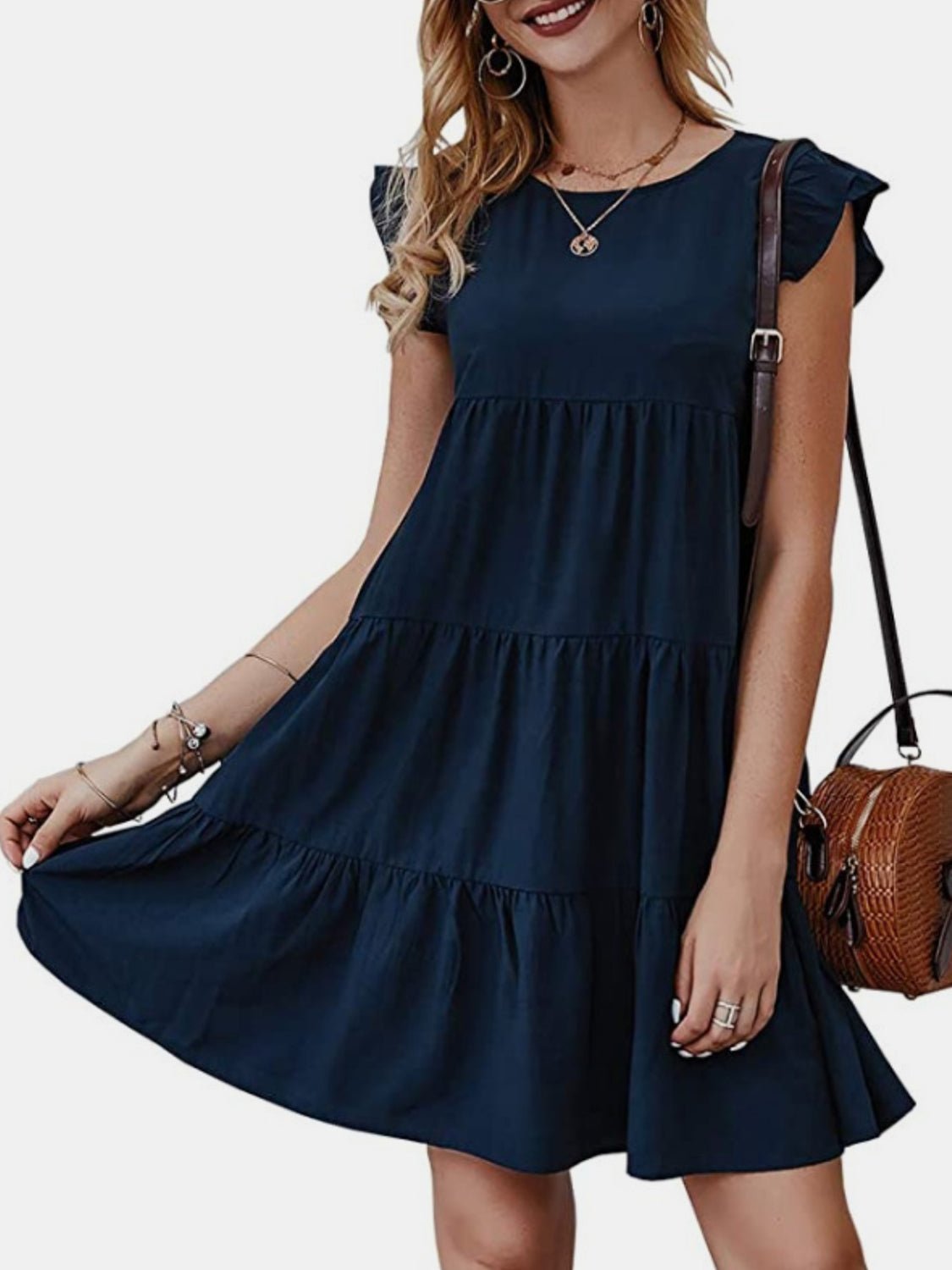 Ruffled Round Neck Cap Sleeve Mini Dress - Bella Blue Styles