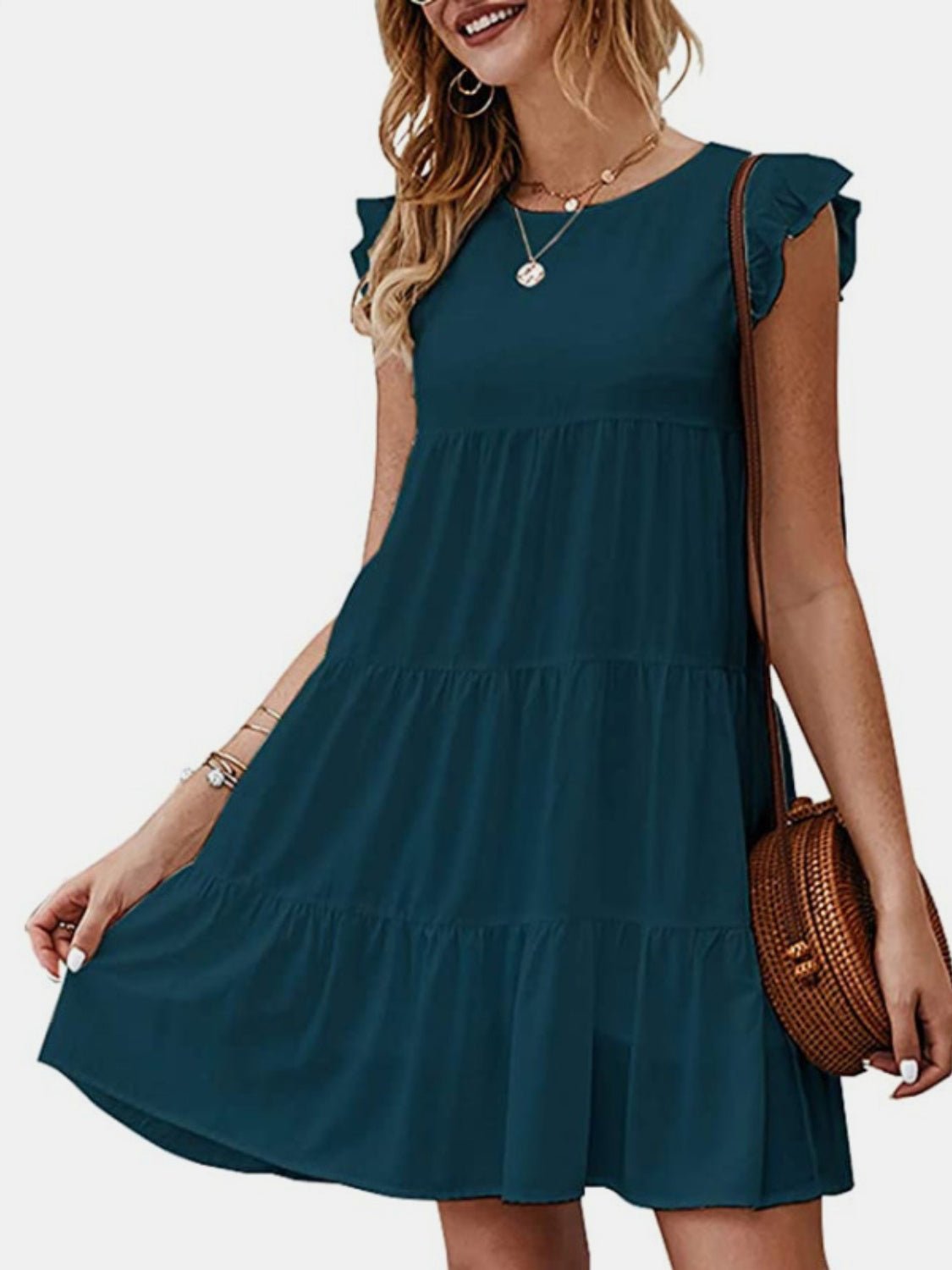 Ruffled Round Neck Cap Sleeve Mini Dress - Bella Blue Styles