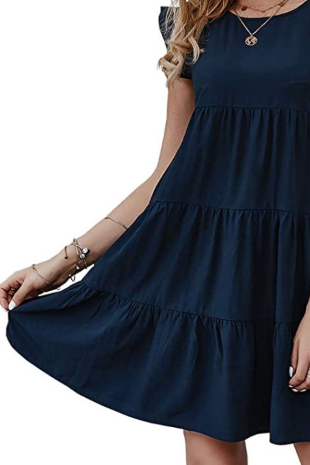 Ruffled Round Neck Cap Sleeve Mini Dress - Bella Blue Styles