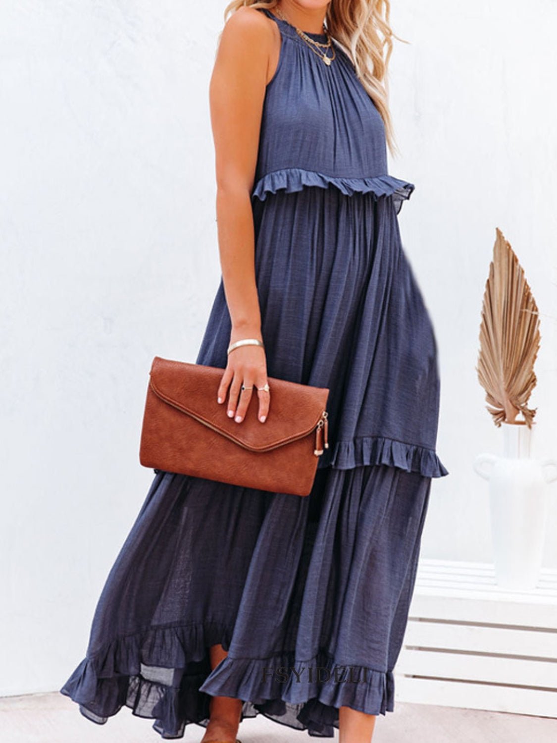 Ruffled Sleeveless Maxi Dress with Pockets - Bella Blue Styles