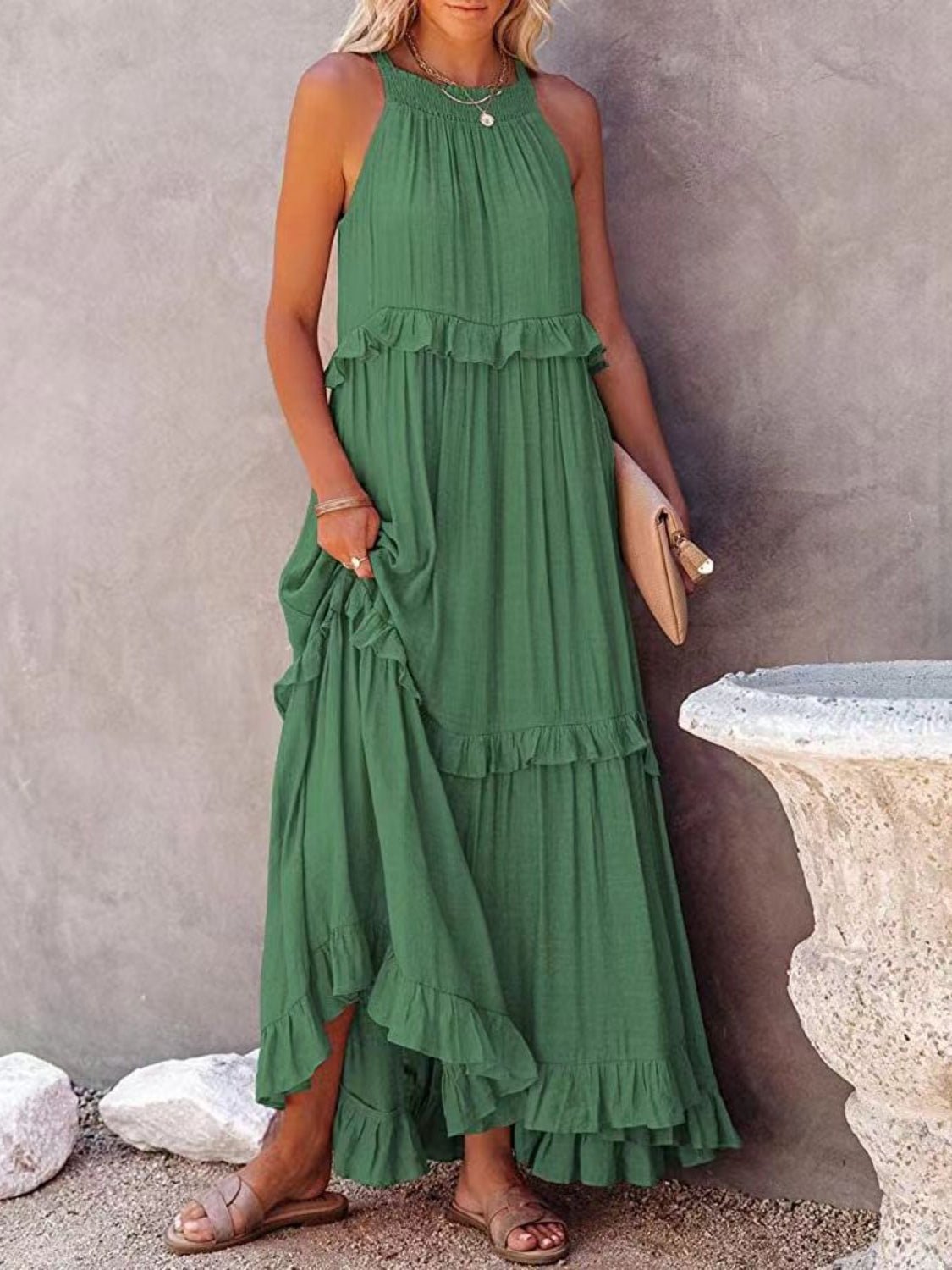 Ruffled Sleeveless Maxi Dress with Pockets - Bella Blue Styles