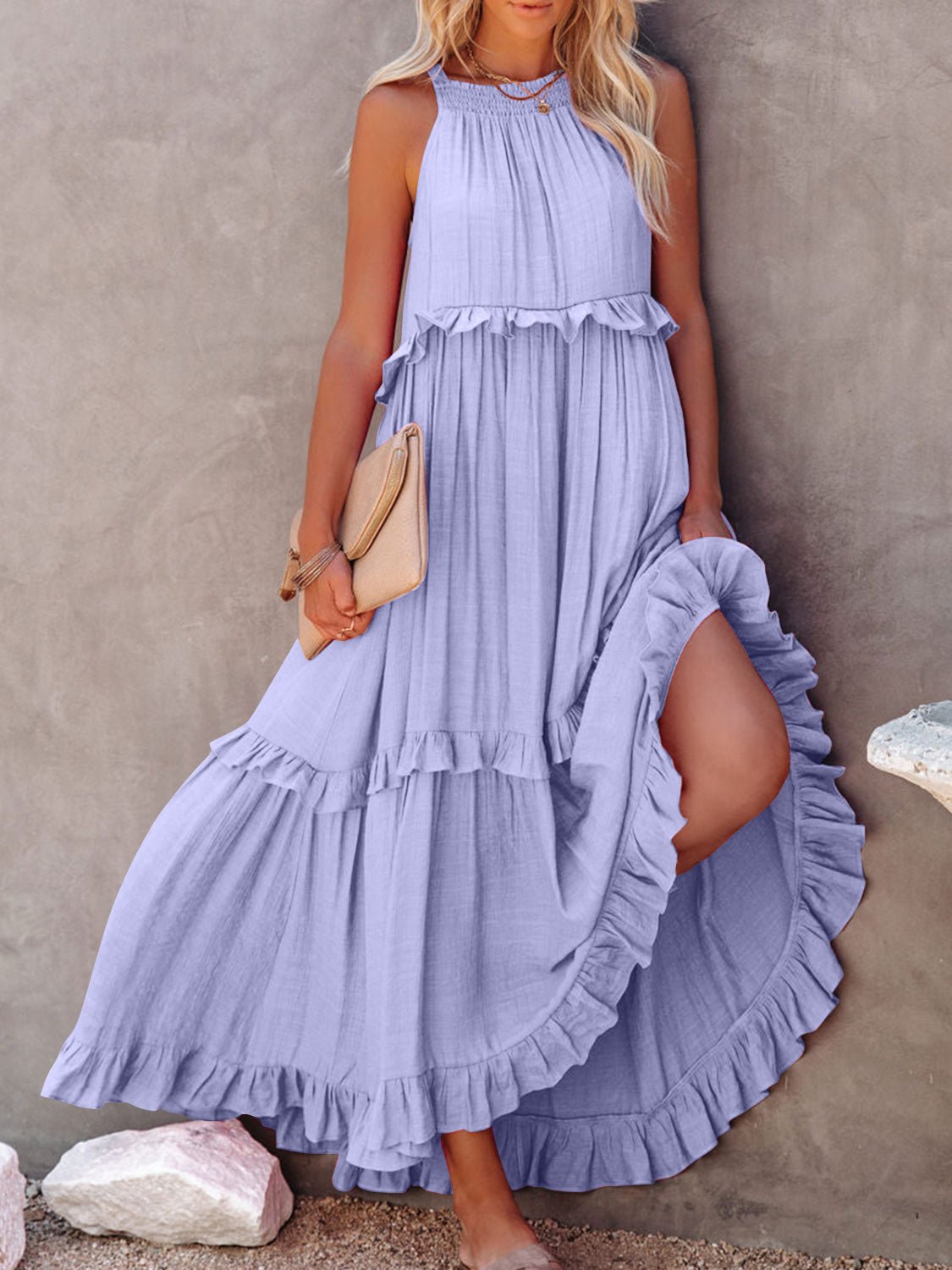 Ruffled Sleeveless Maxi Dress with Pockets - Bella Blue Styles