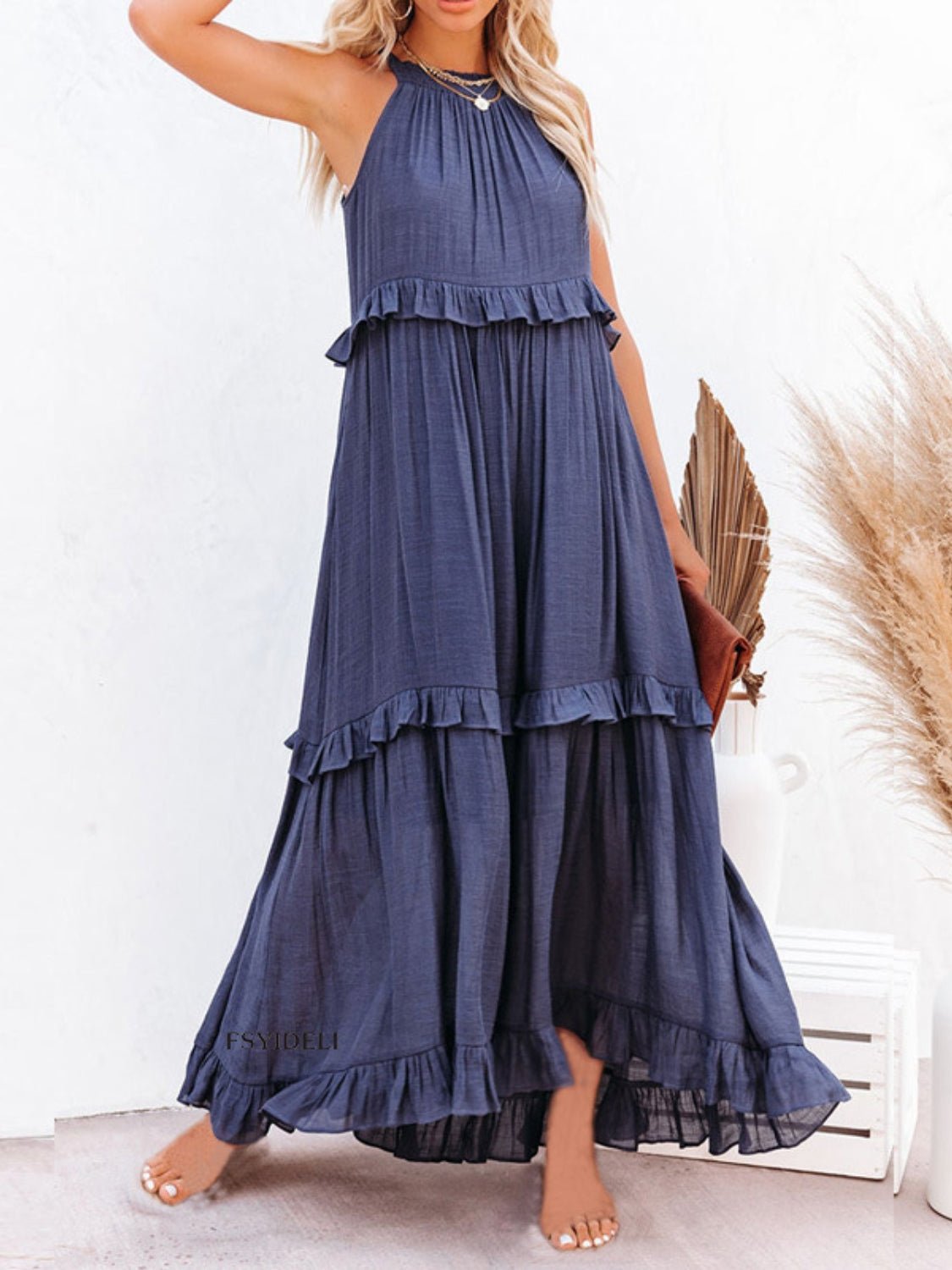 Ruffled Sleeveless Maxi Dress with Pockets - Bella Blue Styles