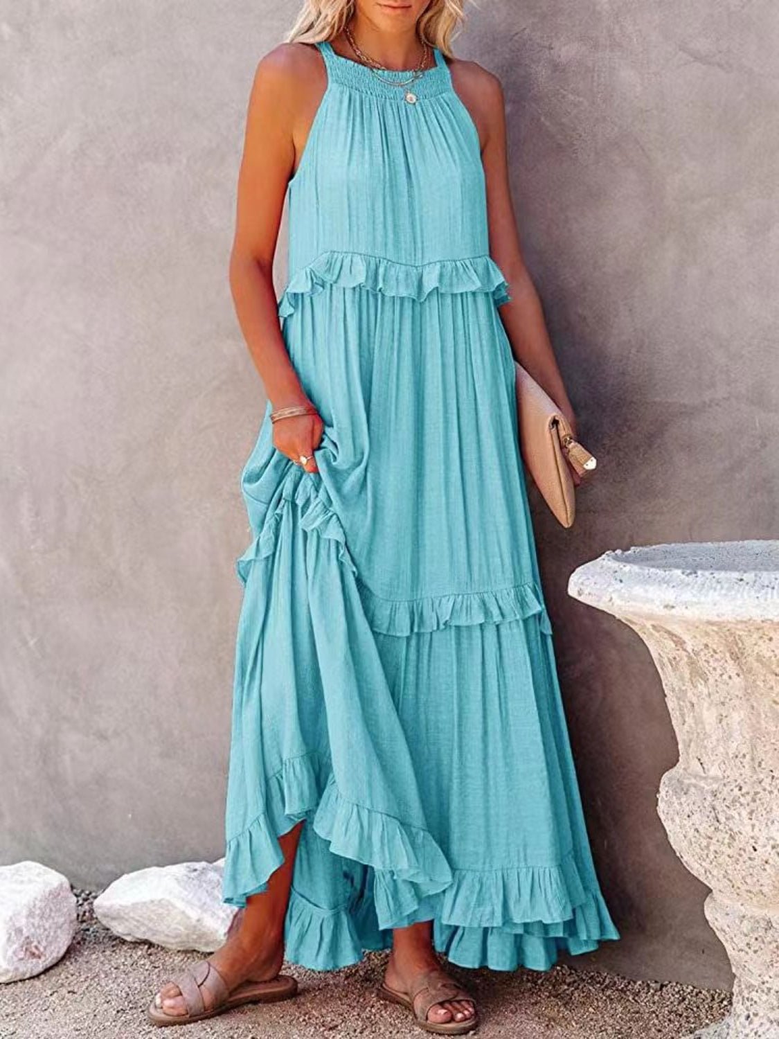 Ruffled Sleeveless Maxi Dress with Pockets - Bella Blue Styles