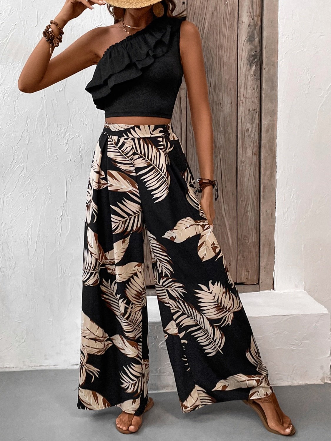 Ruffled Sleeveless Top and Printed Pants Set - Bella Blue Styles