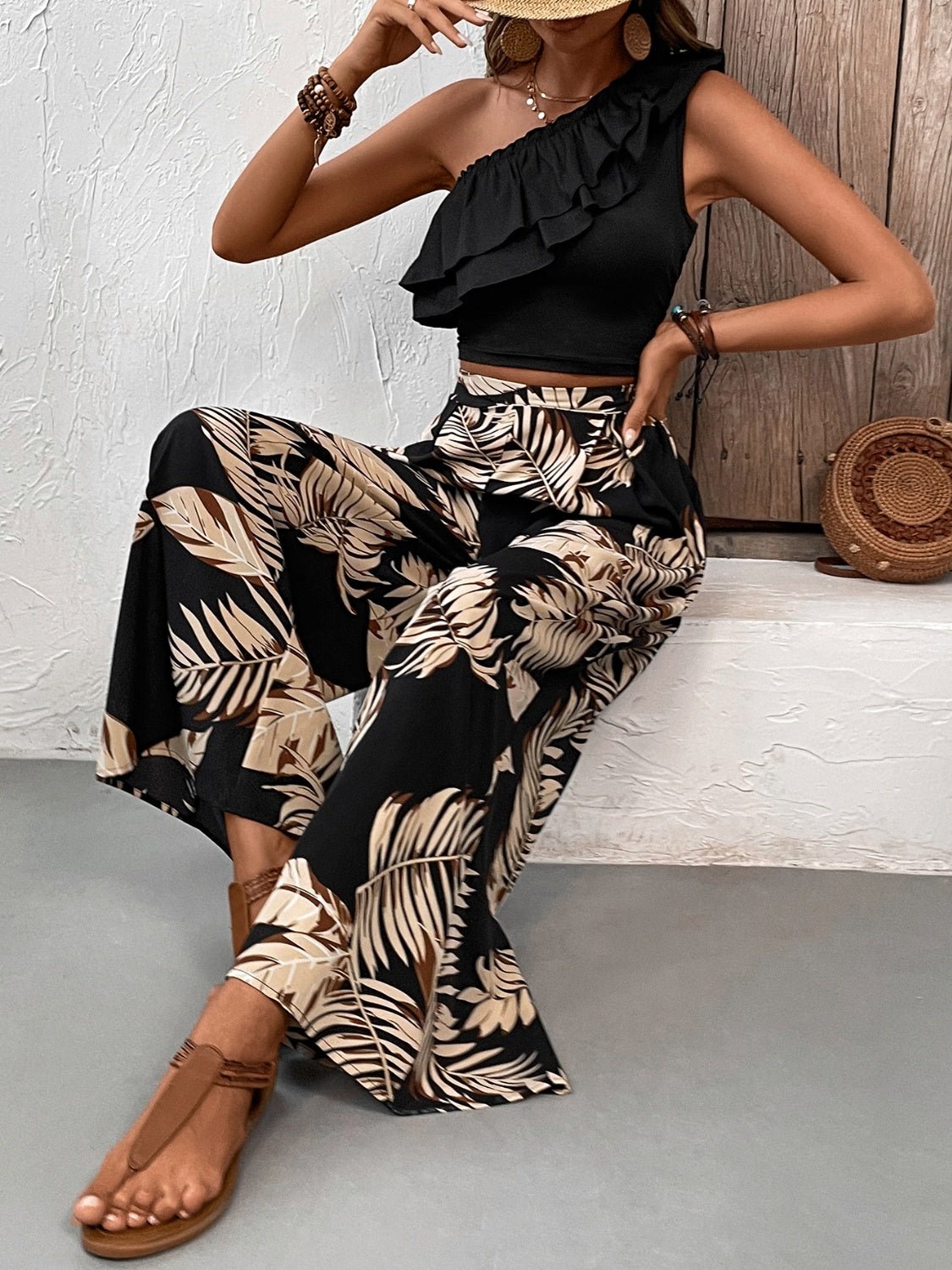 Ruffled Sleeveless Top and Printed Pants Set - Bella Blue Styles