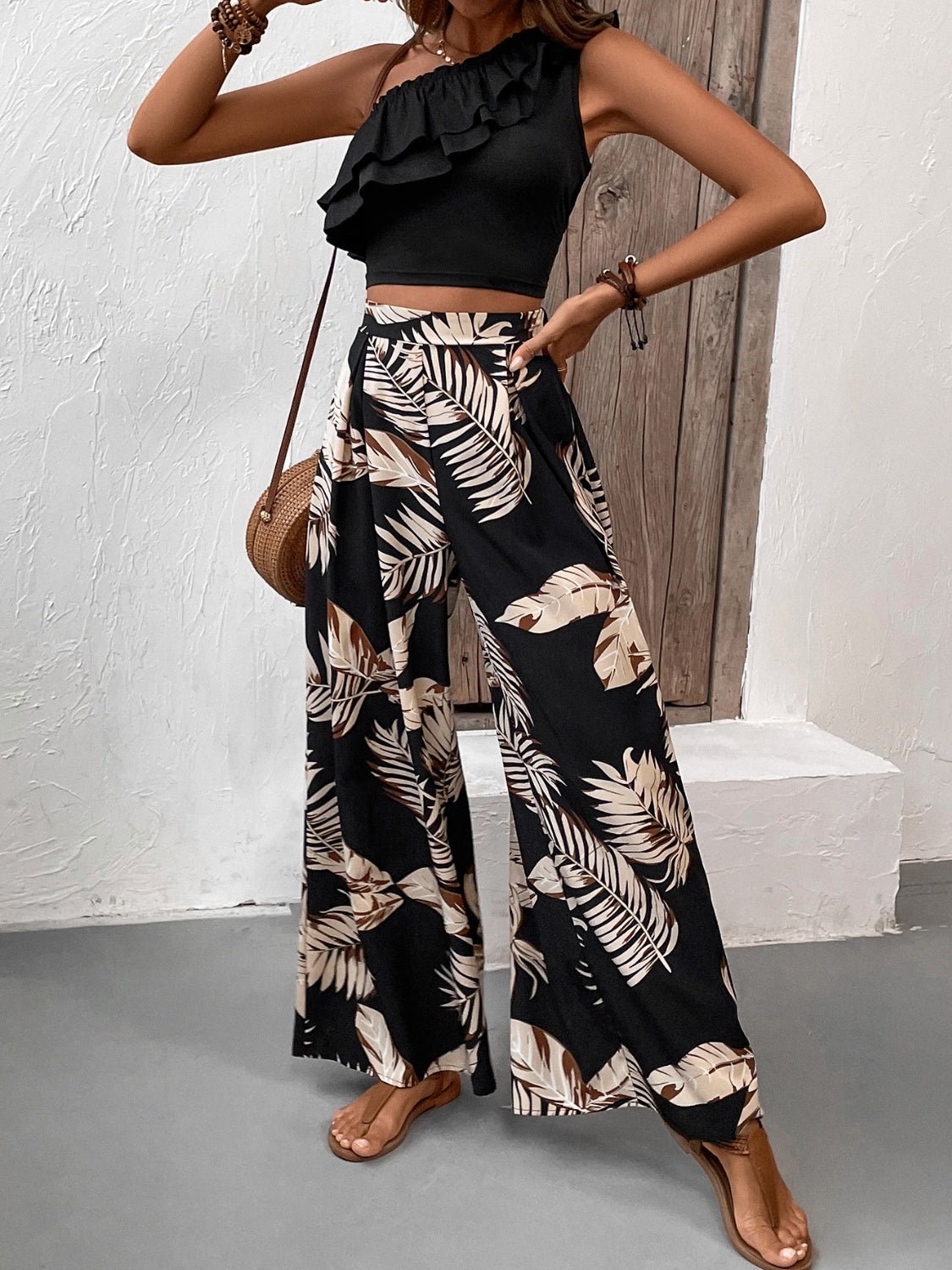 Ruffled Sleeveless Top and Printed Pants Set - Bella Blue Styles