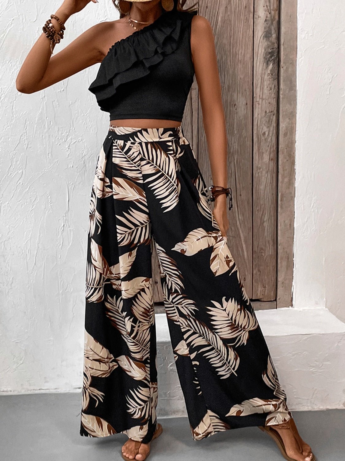 Ruffled Sleeveless Top and Printed Pants Set - Bella Blue Styles