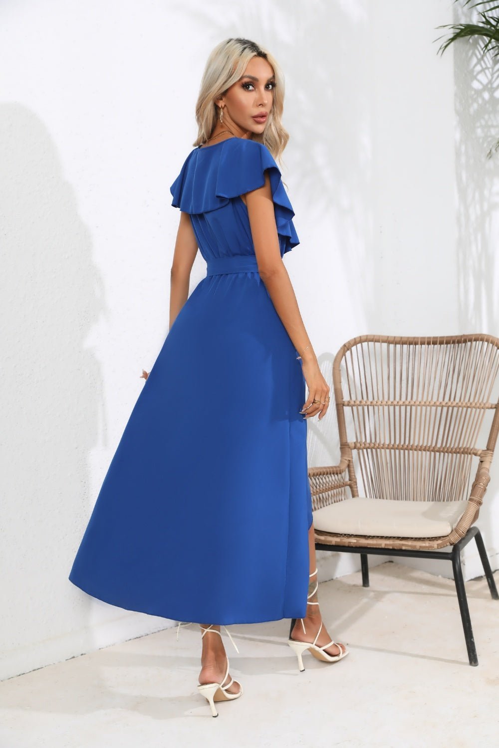 Ruffled Tied V-Neck Midi Dress - Bella Blue Styles