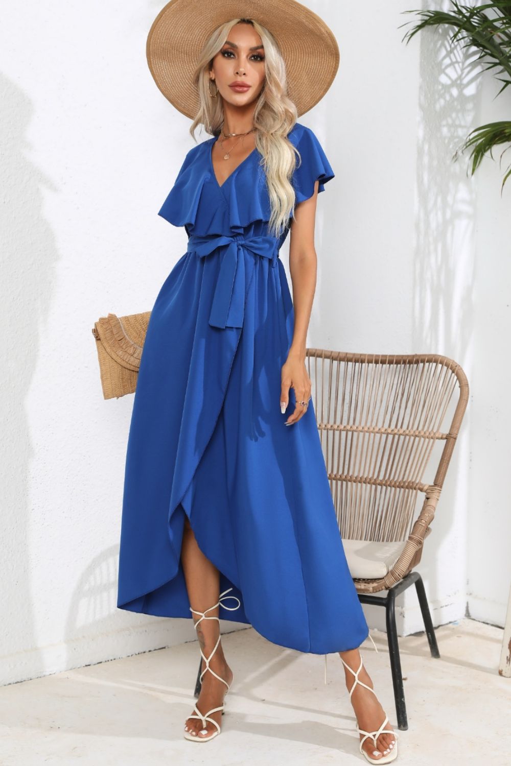 Ruffled Tied V-Neck Midi Dress - Bella Blue Styles