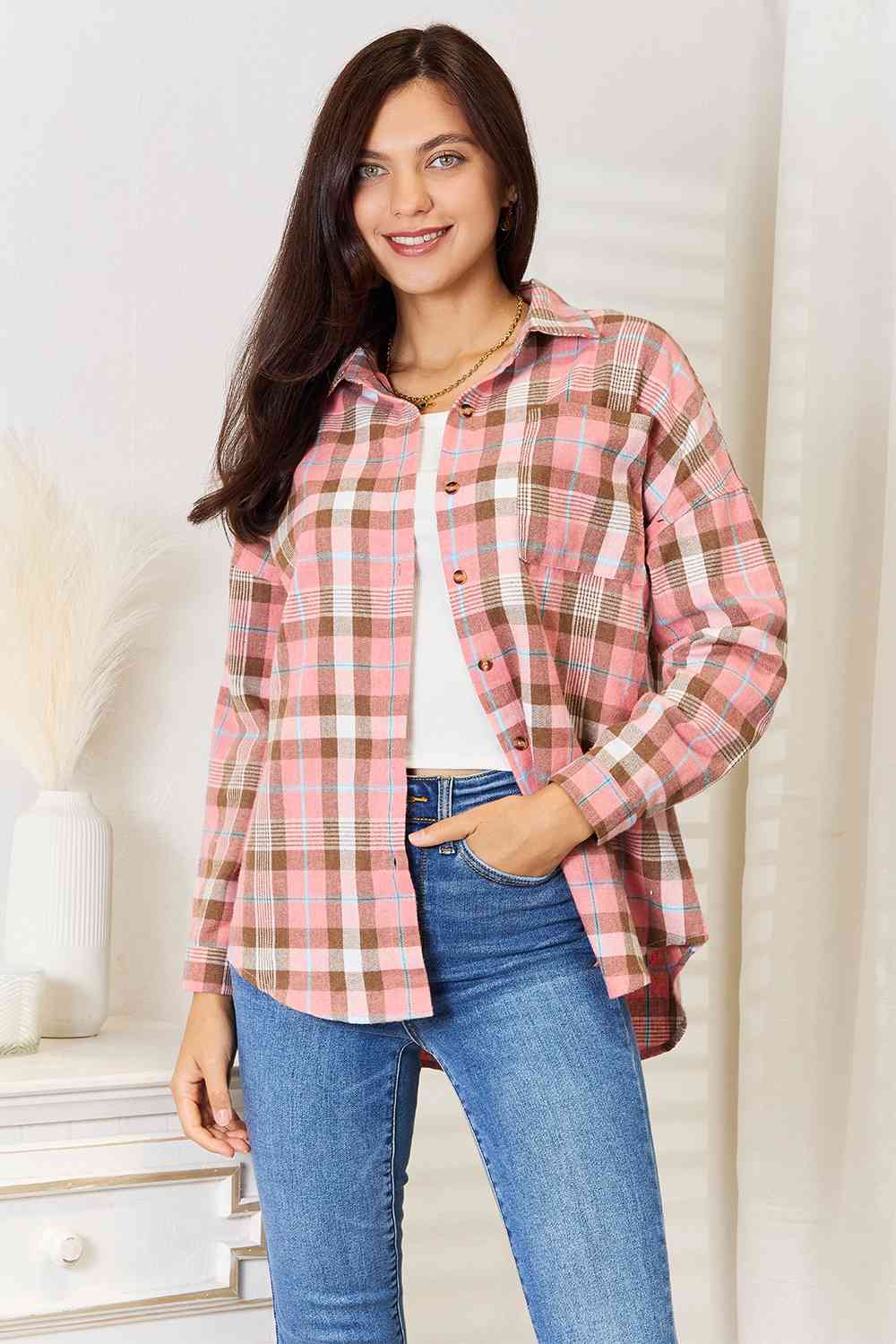 Sadie Plaid Long Sleeve Button-Up Shirt - Bella Blue Styles