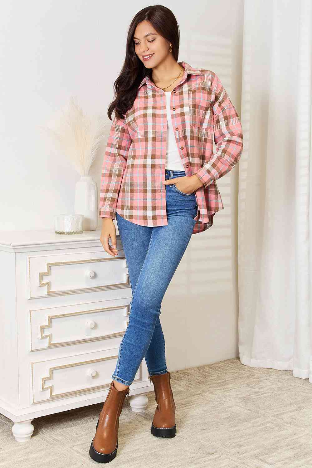 Sadie Plaid Long Sleeve Button-Up Shirt - Bella Blue Styles