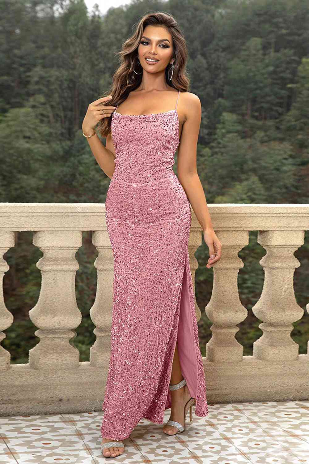 Sequin Backless Split Maxi Dress - Bella Blue Styles