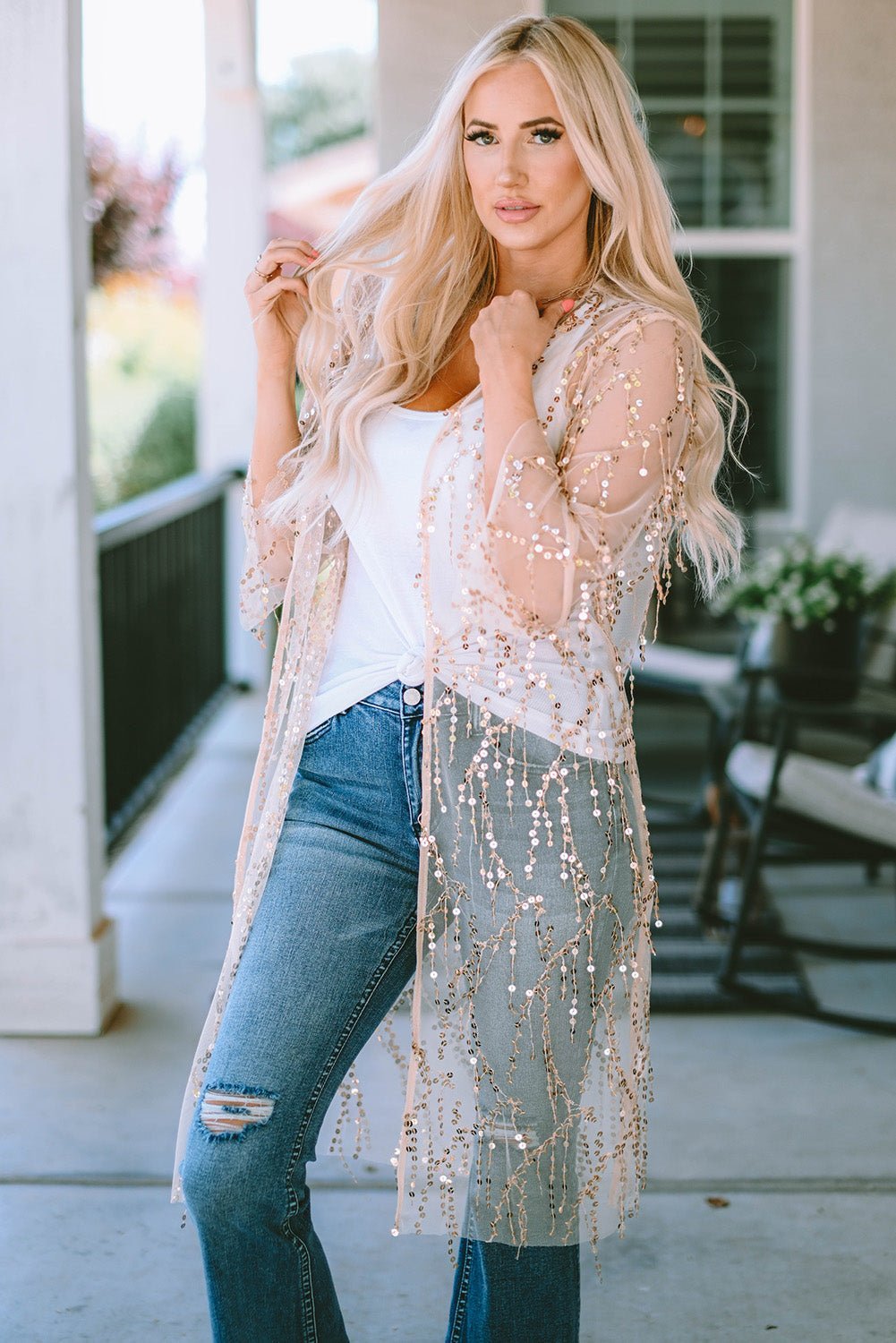 Sequin Open Front Sheer Cardigan - Bella Blue Styles