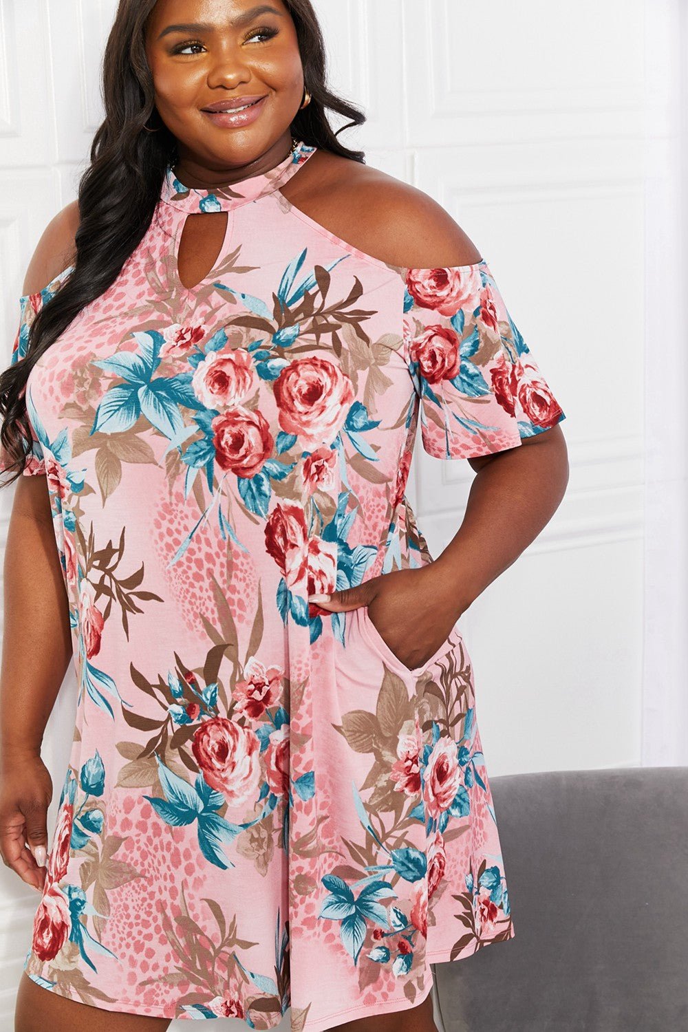 Sew In Love Full Size Fresh-Cut Flowers Cold-Shoulder Dress - Bella Blue Styles