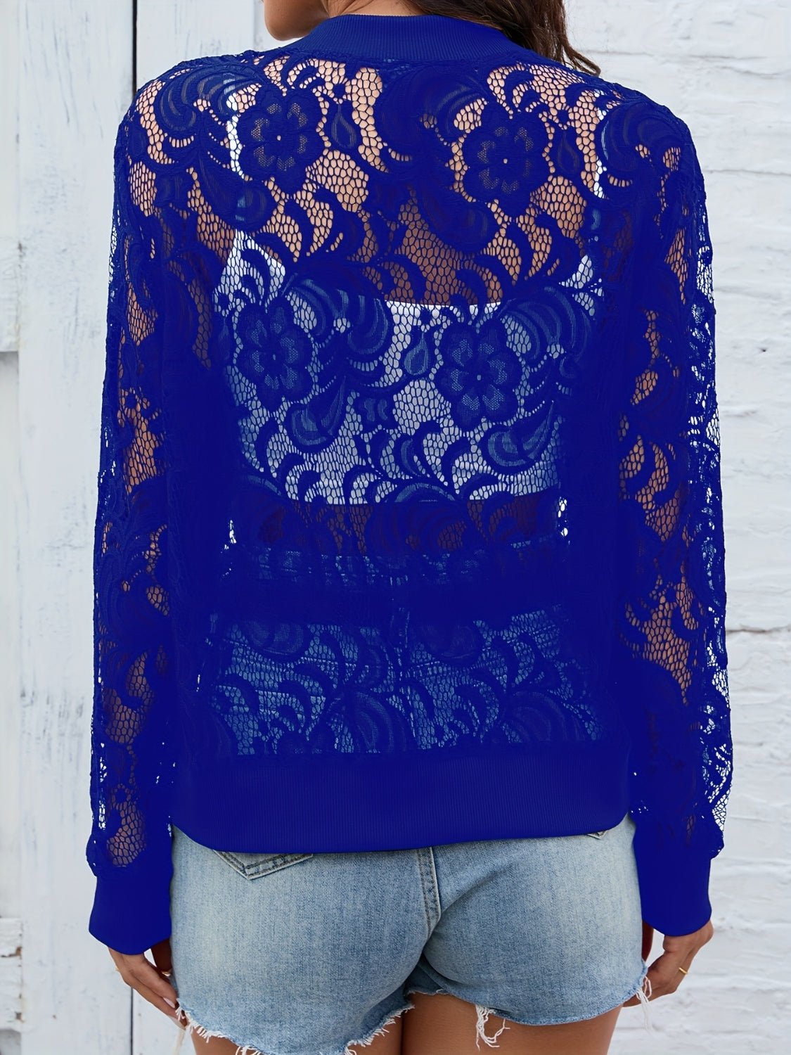 Sheer Lace Zip Up Long Sleeve Jacket - Bella Blue Styles