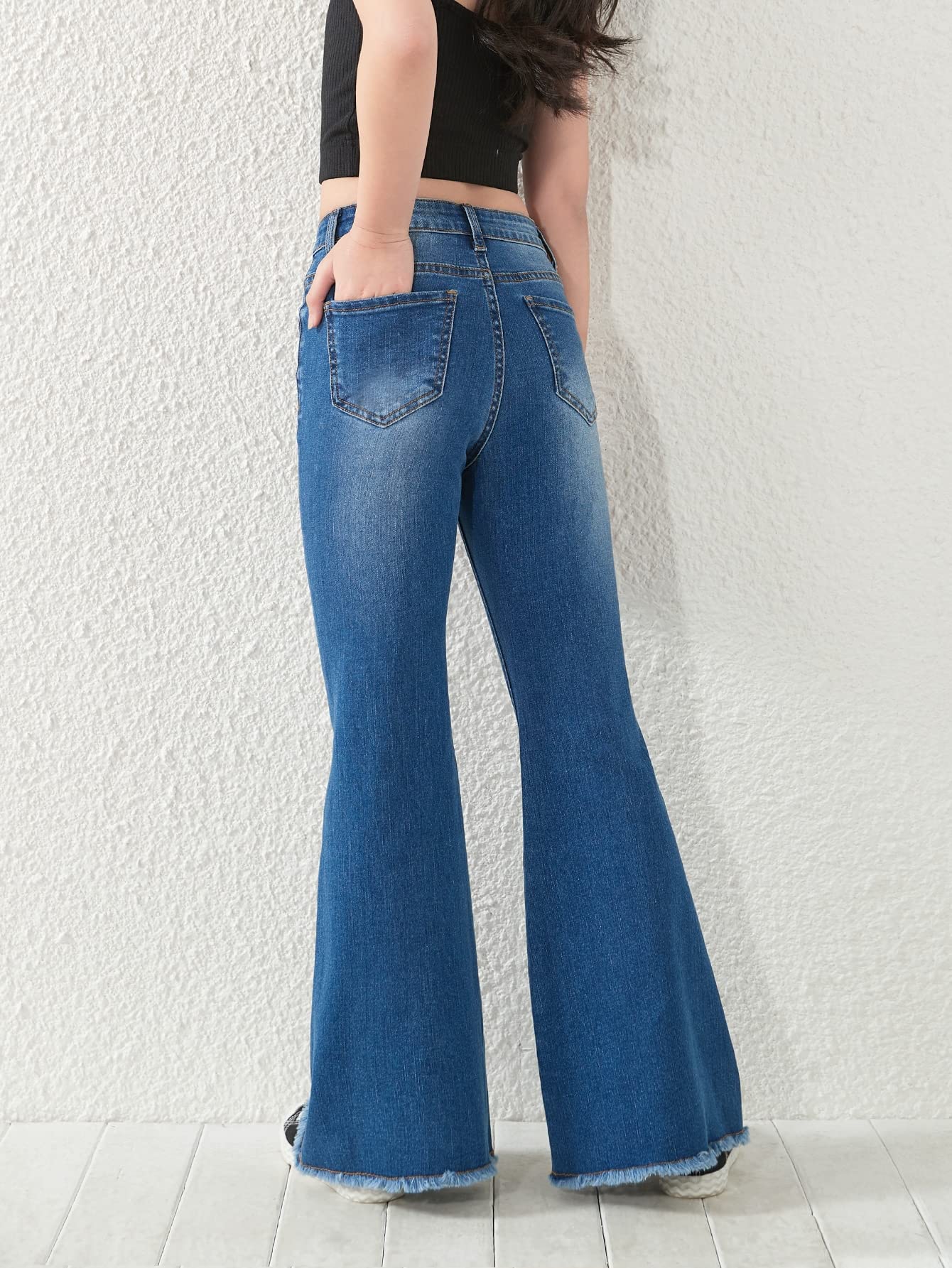 SHENHE Girl's High Waisted Flare Leg Jeans Split Raw Hem Denim Pants with Pockets Dark Wash 11 - 12Y - Bella Blue Styles