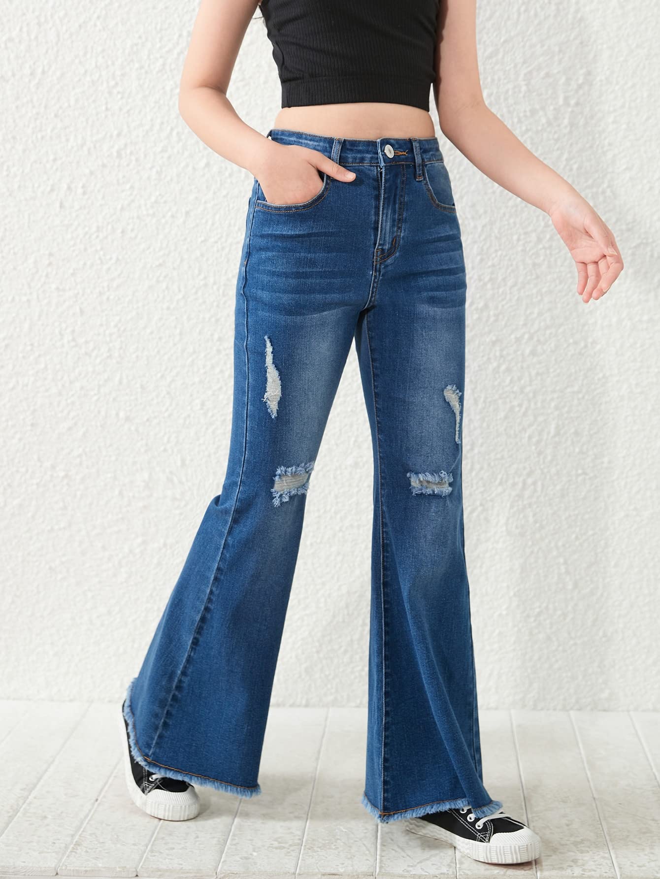 SHENHE Girl's High Waisted Flare Leg Jeans Split Raw Hem Denim Pants with Pockets Dark Wash 11 - 12Y - Bella Blue Styles