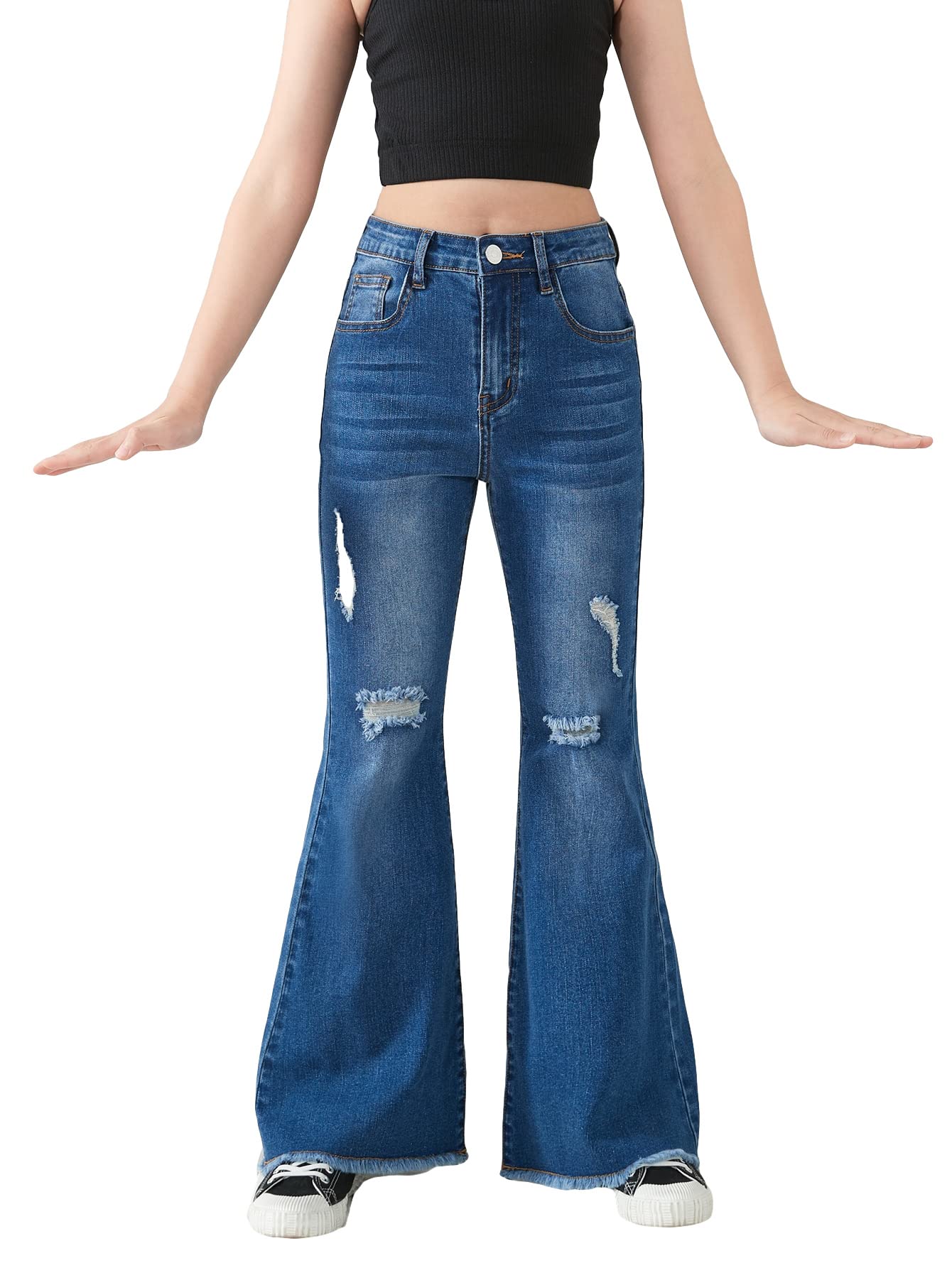 SHENHE Girl's High Waisted Flare Leg Jeans Split Raw Hem Denim Pants with Pockets Dark Wash 11 - 12Y - Bella Blue Styles