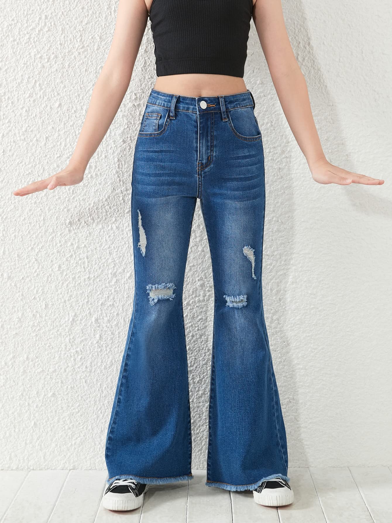 SHENHE Girl's High Waisted Flare Leg Jeans Split Raw Hem Denim Pants with Pockets Dark Wash 11 - 12Y - Bella Blue Styles