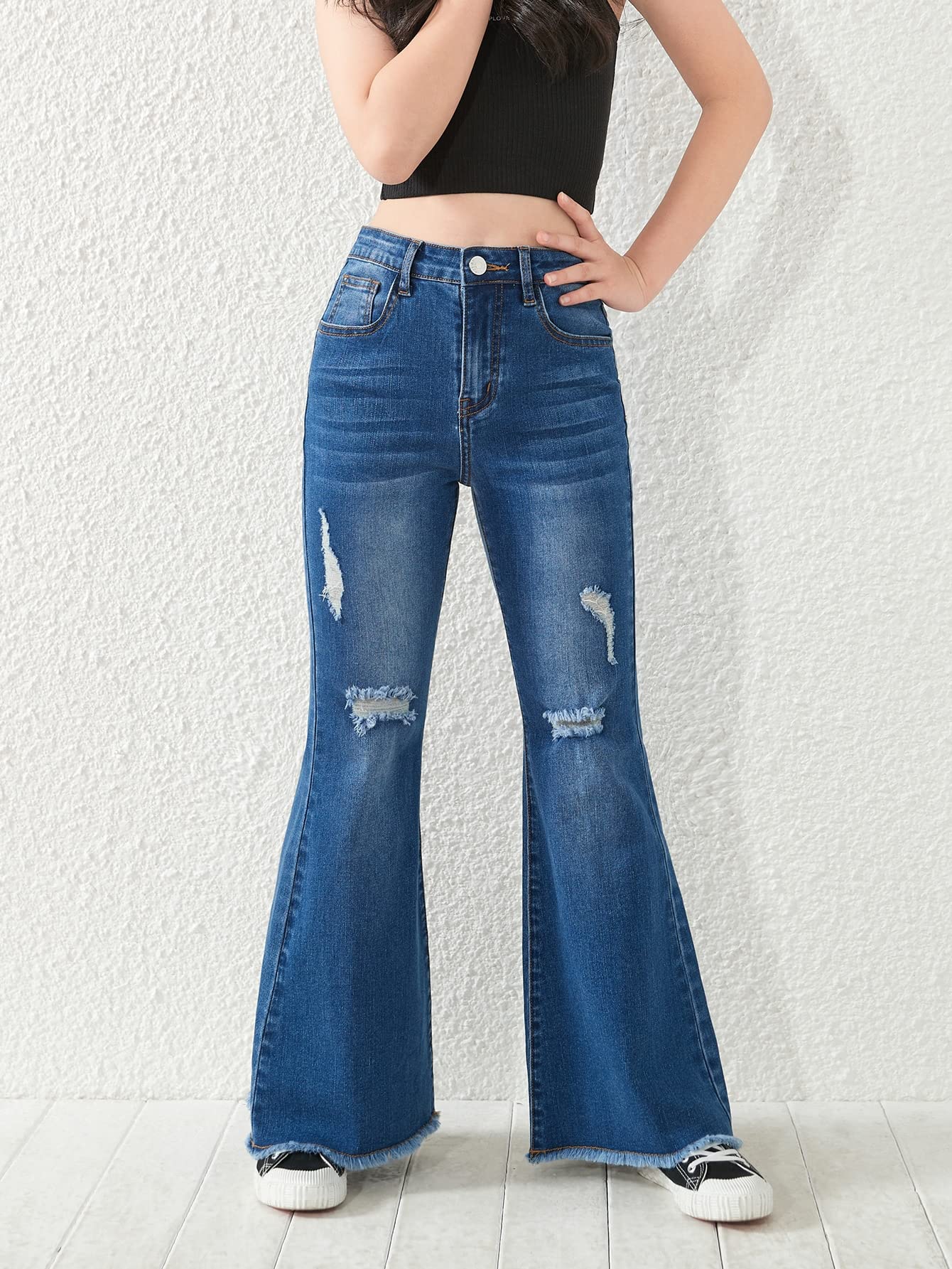 SHENHE Girl's High Waisted Flare Leg Jeans Split Raw Hem Denim Pants with Pockets Dark Wash 11 - 12Y - Bella Blue Styles