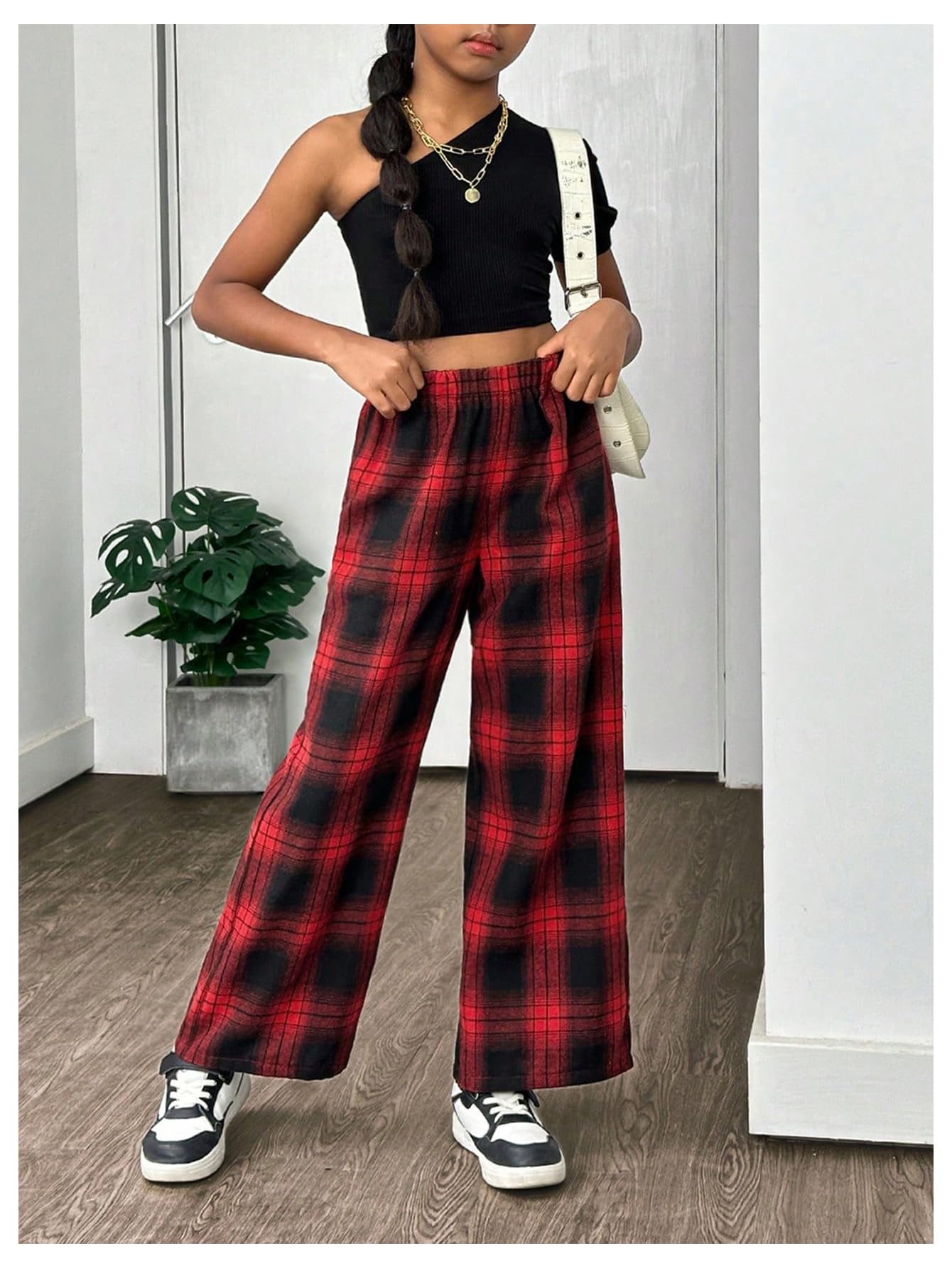 SHENHE Girl's Plaid Pants Elastic Waist Loose Pants Buffalo Plaid Straight Leg Pants Red and Black 12Y - Bella Blue Styles