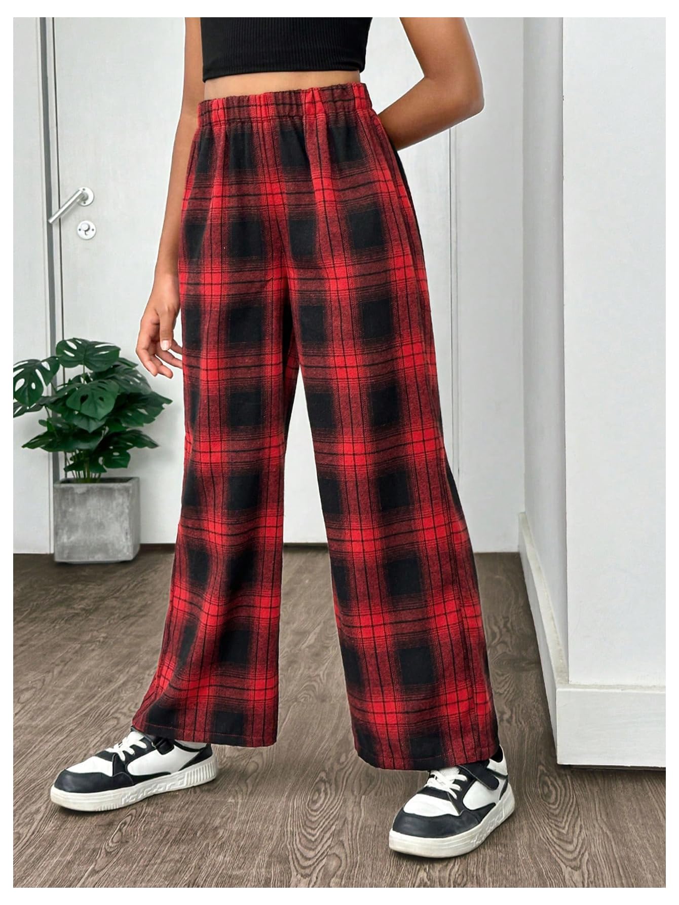 SHENHE Girl's Plaid Pants Elastic Waist Loose Pants Buffalo Plaid Straight Leg Pants Red and Black 12Y - Bella Blue Styles