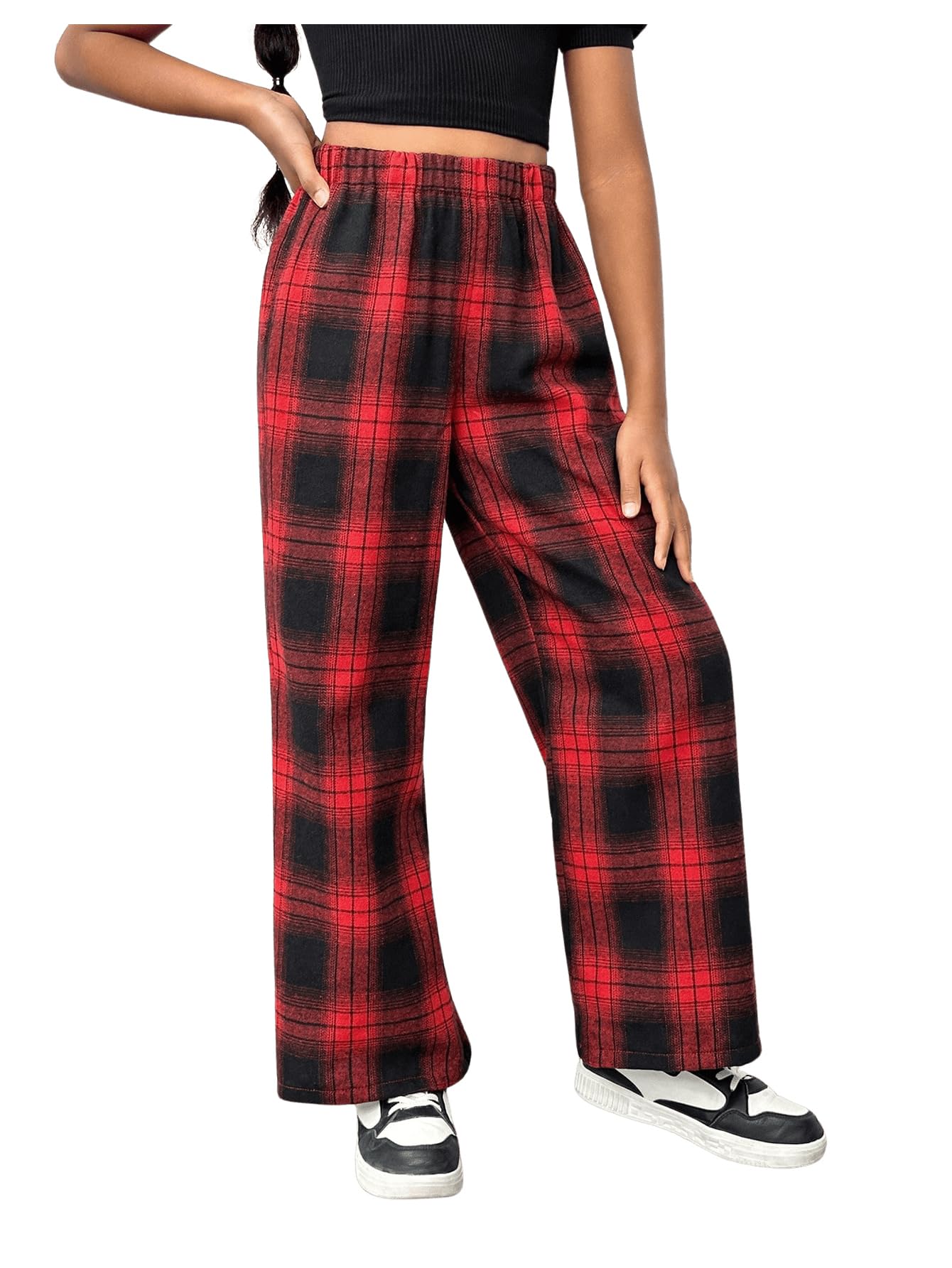 SHENHE Girl's Plaid Pants Elastic Waist Loose Pants Buffalo Plaid Straight Leg Pants Red and Black 12Y - Bella Blue Styles