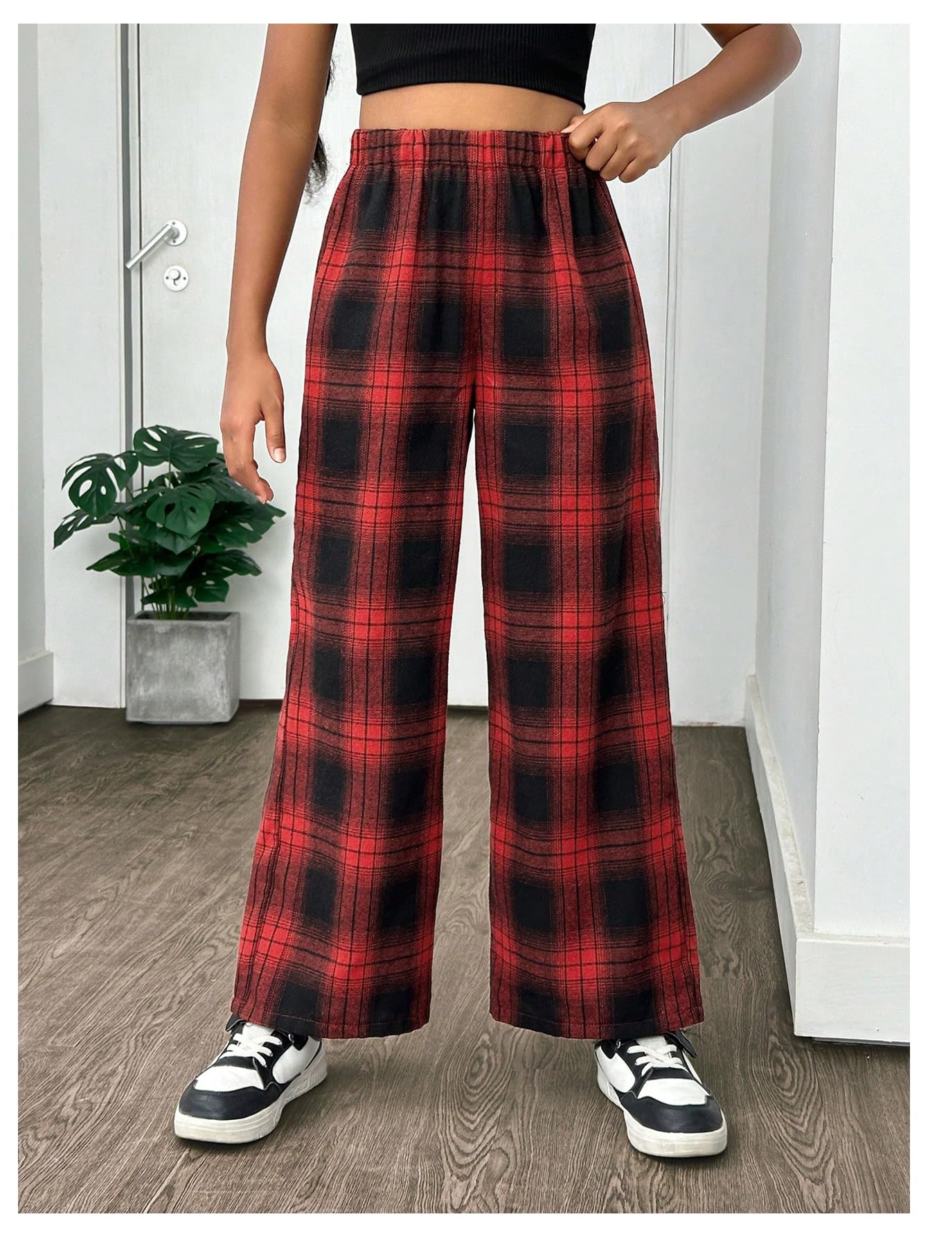 SHENHE Girl's Plaid Pants Elastic Waist Loose Pants Buffalo Plaid Straight Leg Pants Red and Black 12Y - Bella Blue Styles