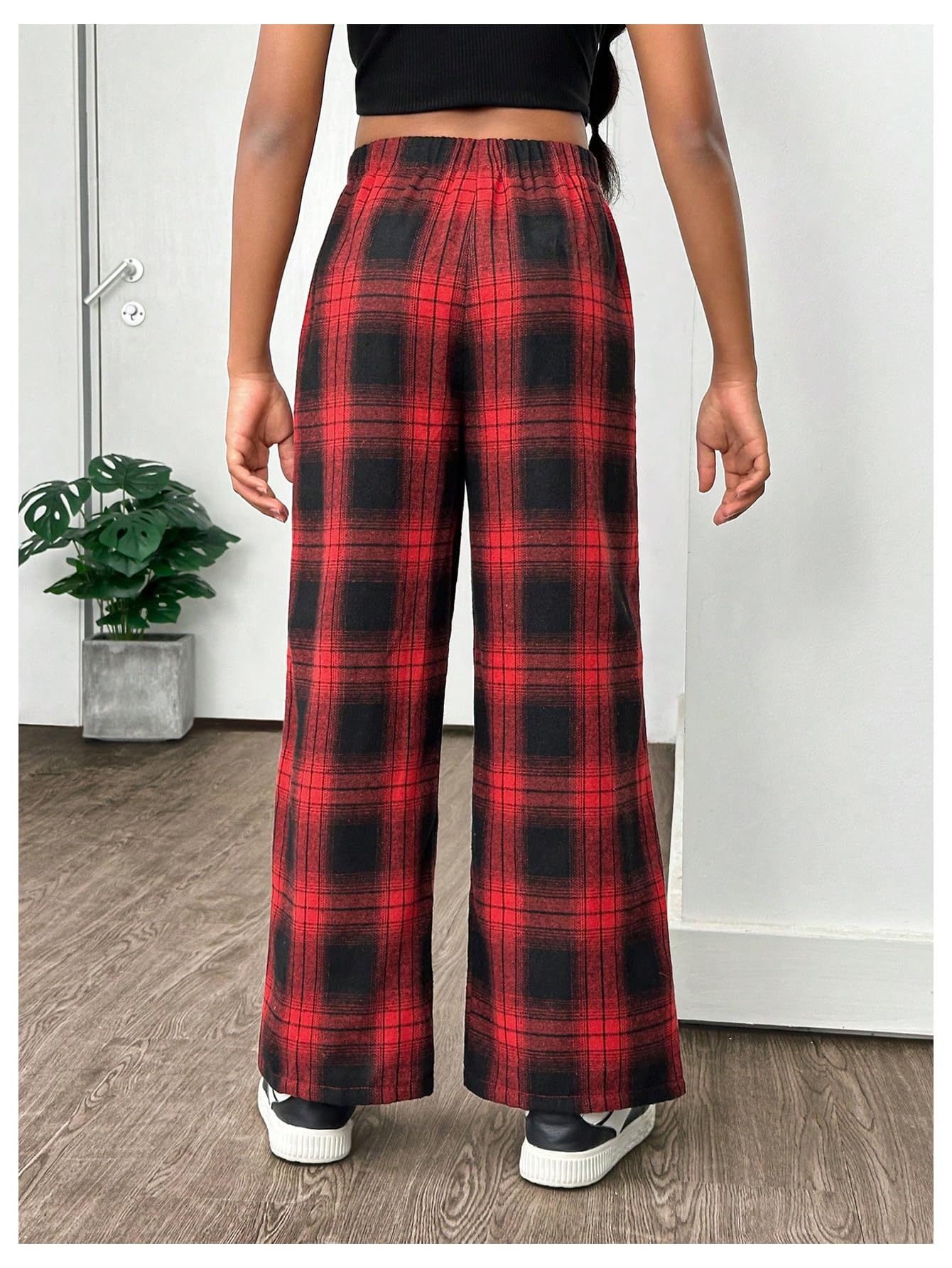 SHENHE Girl's Plaid Pants Elastic Waist Loose Pants Buffalo Plaid Straight Leg Pants Red and Black 12Y - Bella Blue Styles