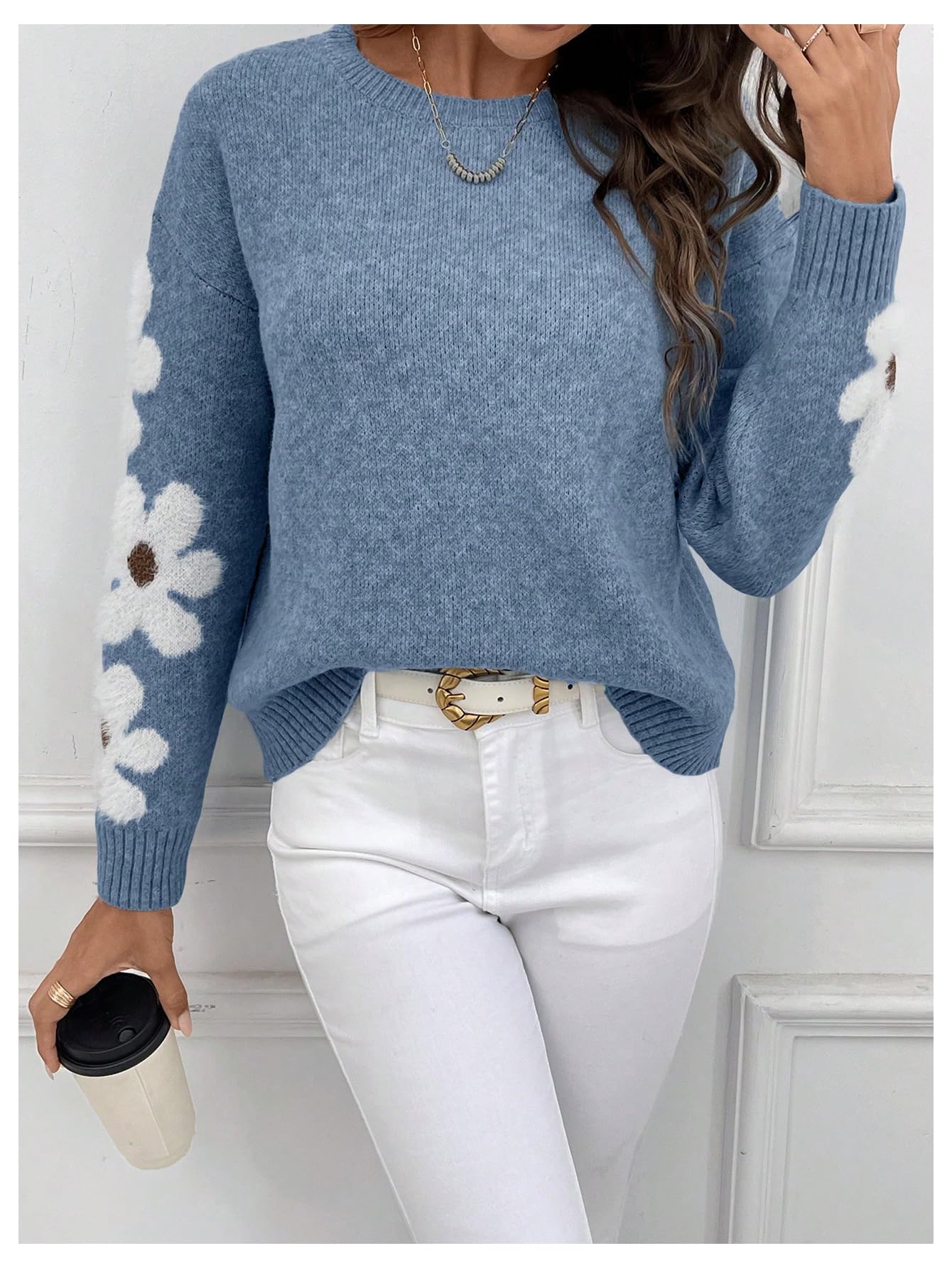 SHENHE Women's Floral Pattern Crewneck Long Sleeve Drop Shoulder Sweaters Pullover Tops Dusty Blue Large - Bella Blue Styles