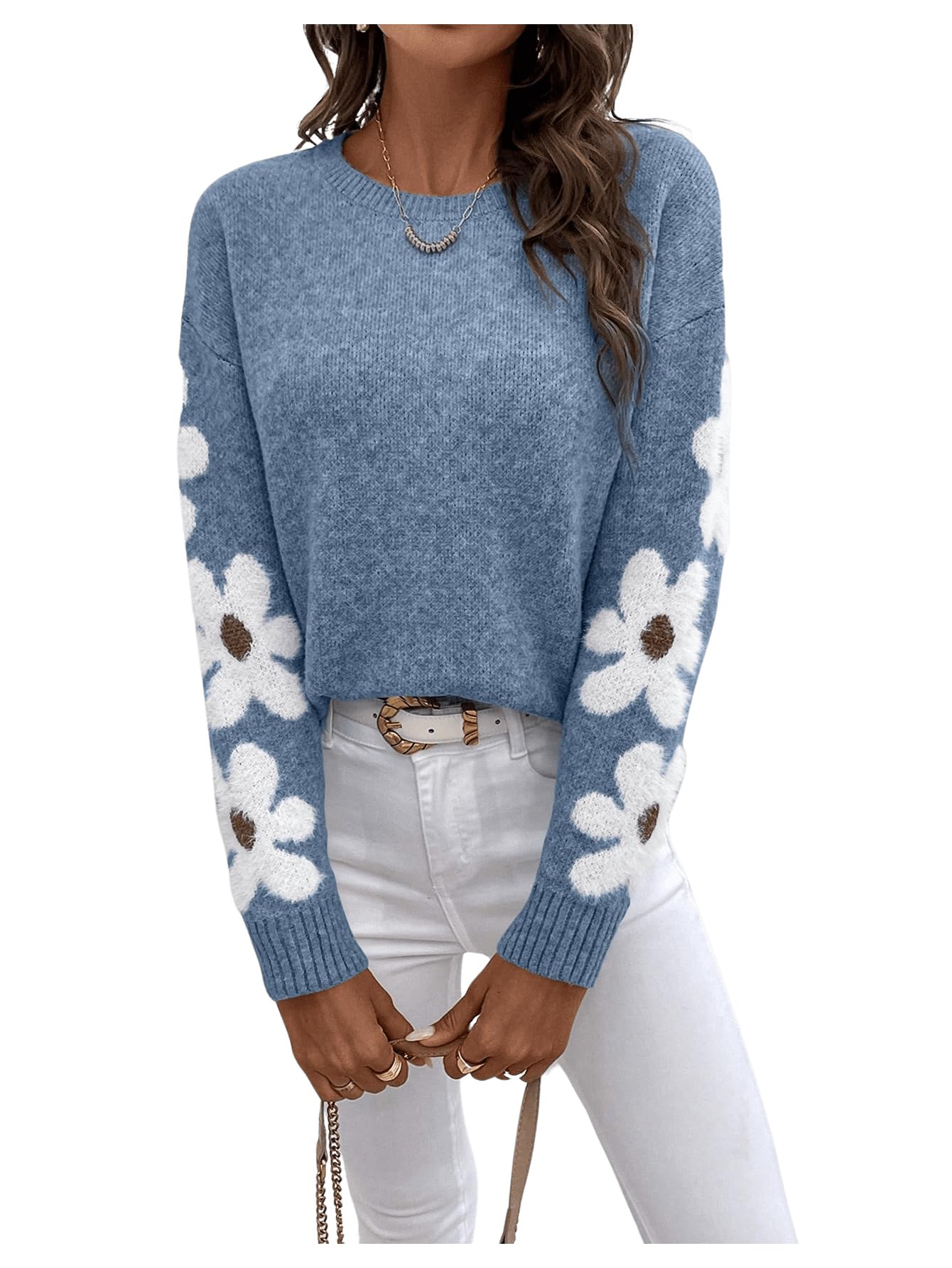 SHENHE Women's Floral Pattern Crewneck Long Sleeve Drop Shoulder Sweaters Pullover Tops Dusty Blue Large - Bella Blue Styles