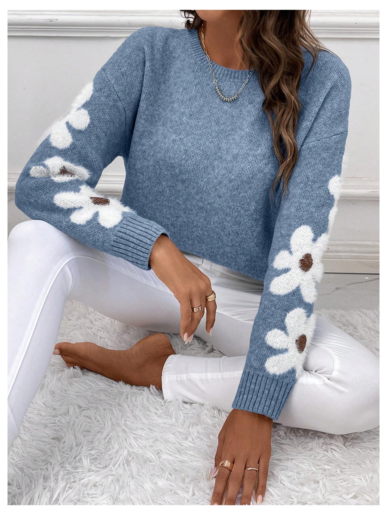 SHENHE Women's Floral Pattern Crewneck Long Sleeve Drop Shoulder Sweaters Pullover Tops Dusty Blue Large - Bella Blue Styles